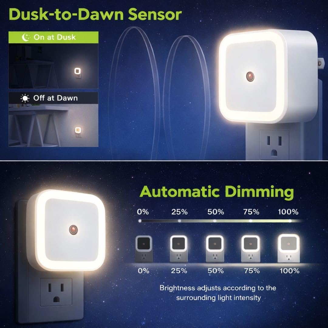 Decora Homes Smart Automatic Light On Off Sensor Night Lamp, Plug-in LED Bed Side Light, Dimmable Warm White Night Light for Bedroom, Kitchen, Bathroom, Stairs - Pack of 4 - Image 4