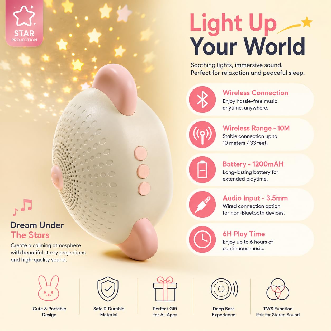 AAYAT SMYKKER Hunny Bunny Wireless Bluetooth Portable Speaker | Cartoon Mini Speaker with 1200mAh Battery, TWS Function, TF Card Support, Type-C Charging, Up to 6 Hours Playtime, freestandin - Image 3