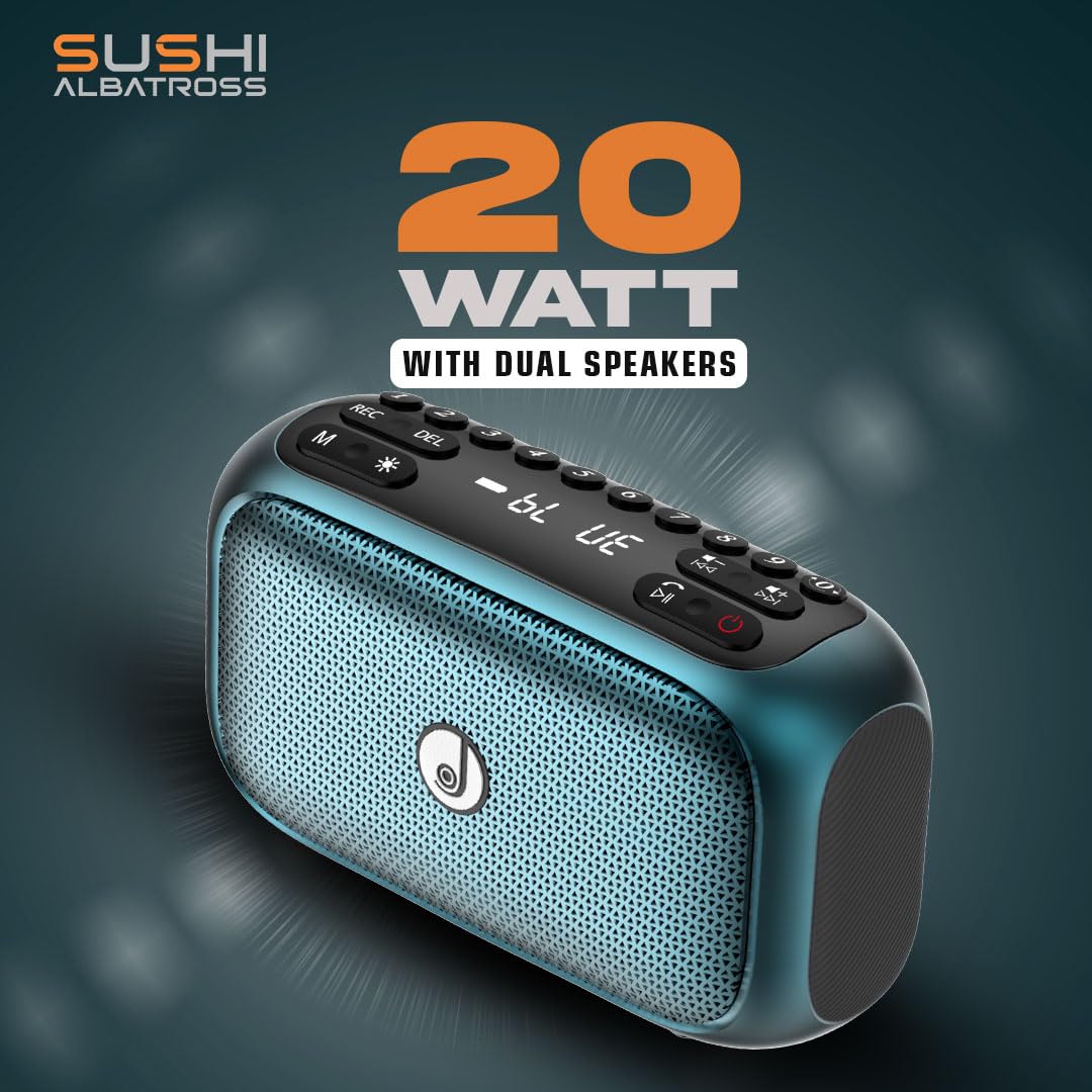 JC Sushi Albatross | Wireless Speaker | 20W | BT V5.0 | RGB Light |1800mAh Battery 25Hrs Playtime | Splash Proof | Sleek Design | Voice Recording | FM,USB & Micro SD | Type-C Fast Charge (Ocean Blue) - Image 2
