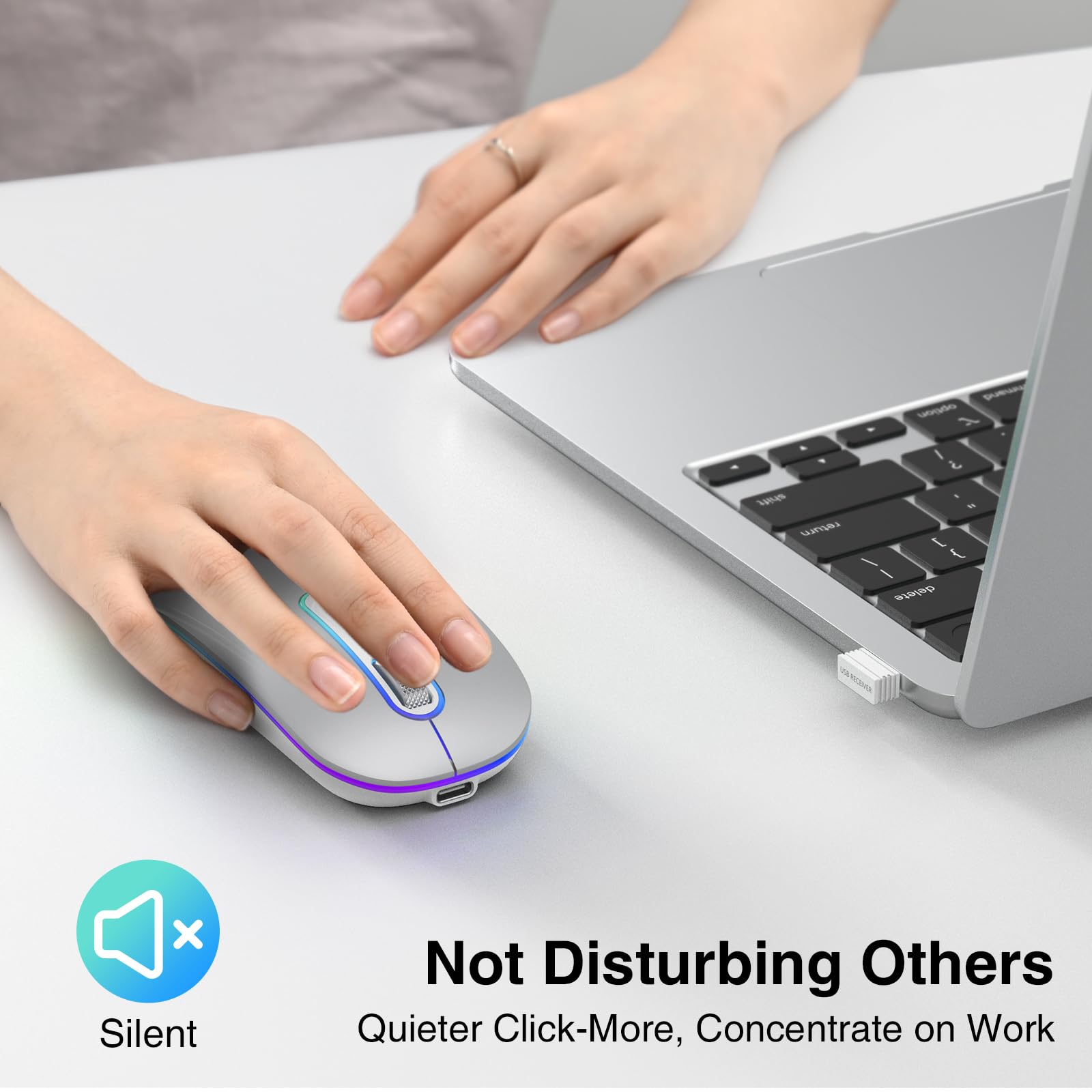 Dual Mode (BT 5.1+2.4G) Wireless Mouse with LED Lights, Silent Portable Lightweight Rechargeable Mouse for Laptop, Compatible with Mac OS/Windows/Chrome OS - Silver - Image 6