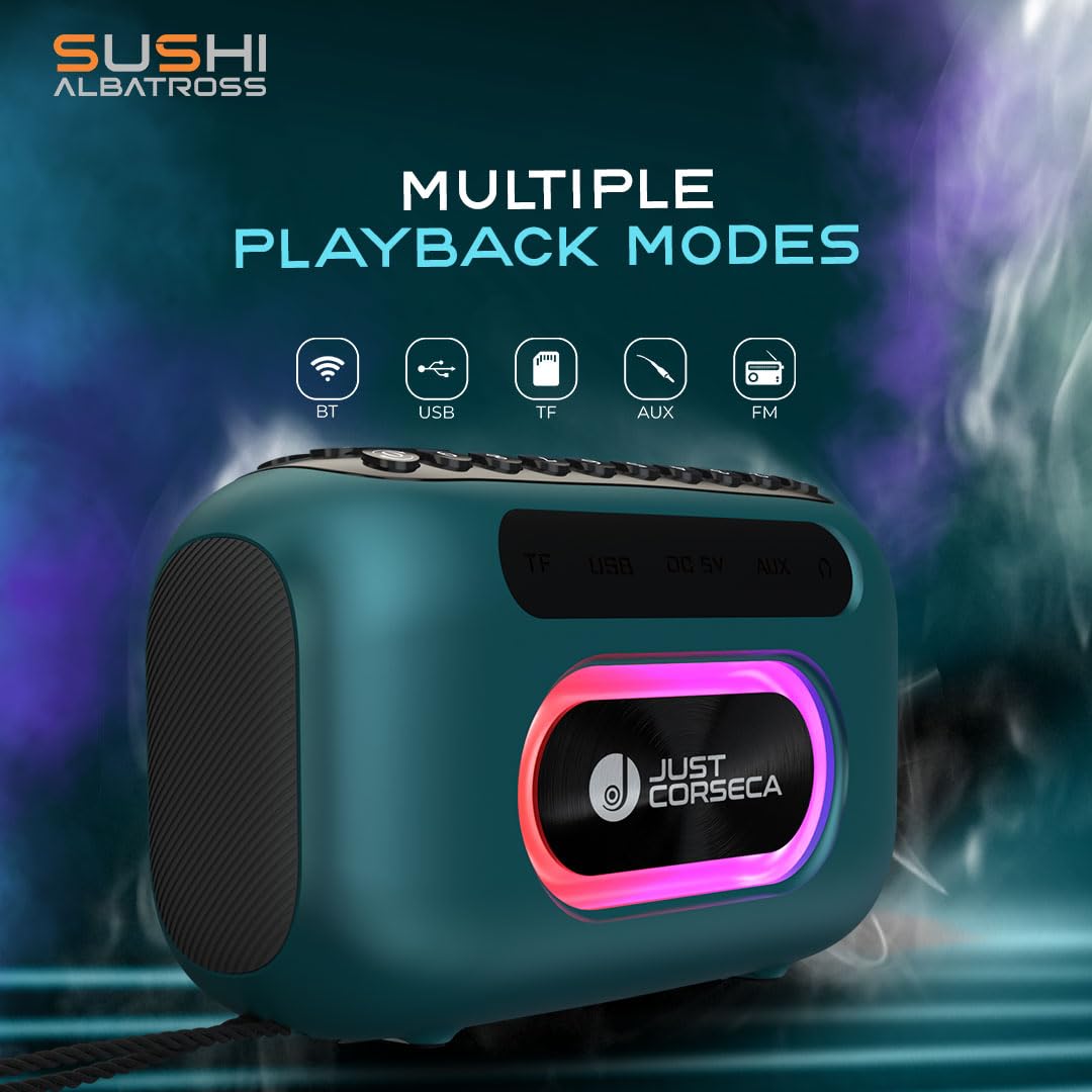 JC Sushi Albatross | Wireless Speaker | 20W | BT V5.0 | RGB Light |1800mAh Battery 25Hrs Playtime | Splash Proof | Sleek Design | Voice Recording | FM,USB & Micro SD | Type-C Fast Charge (Ocean Blue) - Image 3