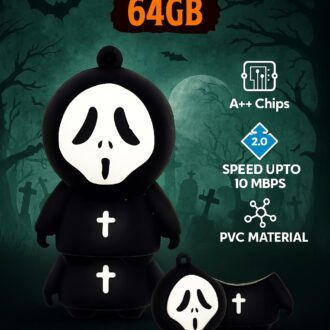 CleverlyGifted_64GB Ghost Face USB Flash Drive, Black and White Design, Novelty Character Shape, 1pc, Upto 10mbps