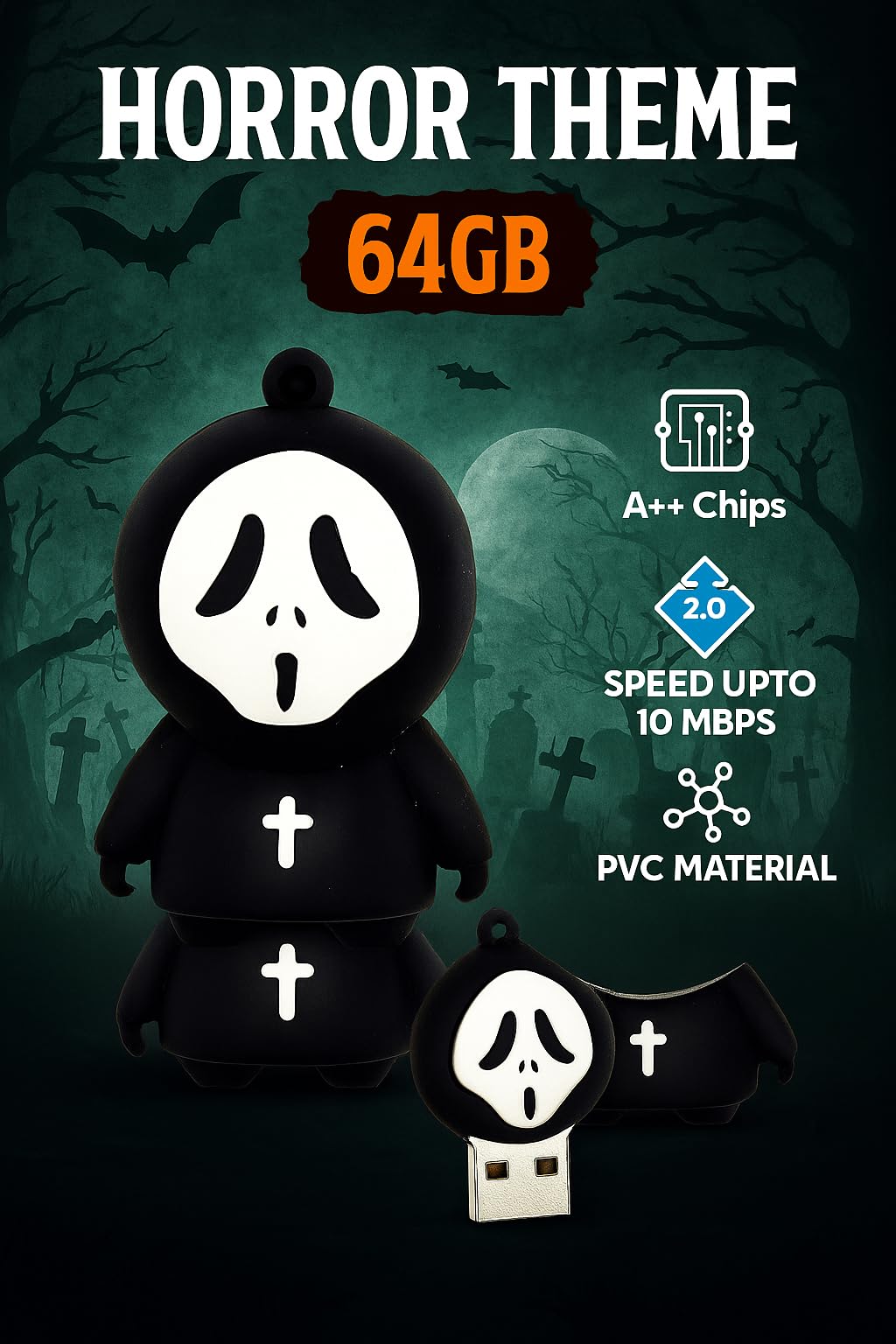 CleverlyGifted_64GB Ghost Face USB Flash Drive, Black and White Design, Novelty Character Shape, 1pc, Upto 10mbps