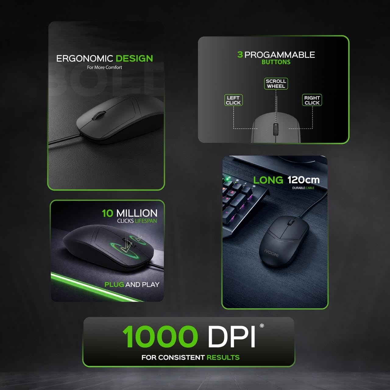 Bold High-Precision Wired Mouse | 1000 DPI Adjustable Sensitivity | Plug & Play USB | 120 cm Cable | 1,000,000 Clicks | 1 Year Warranty - Image 3
