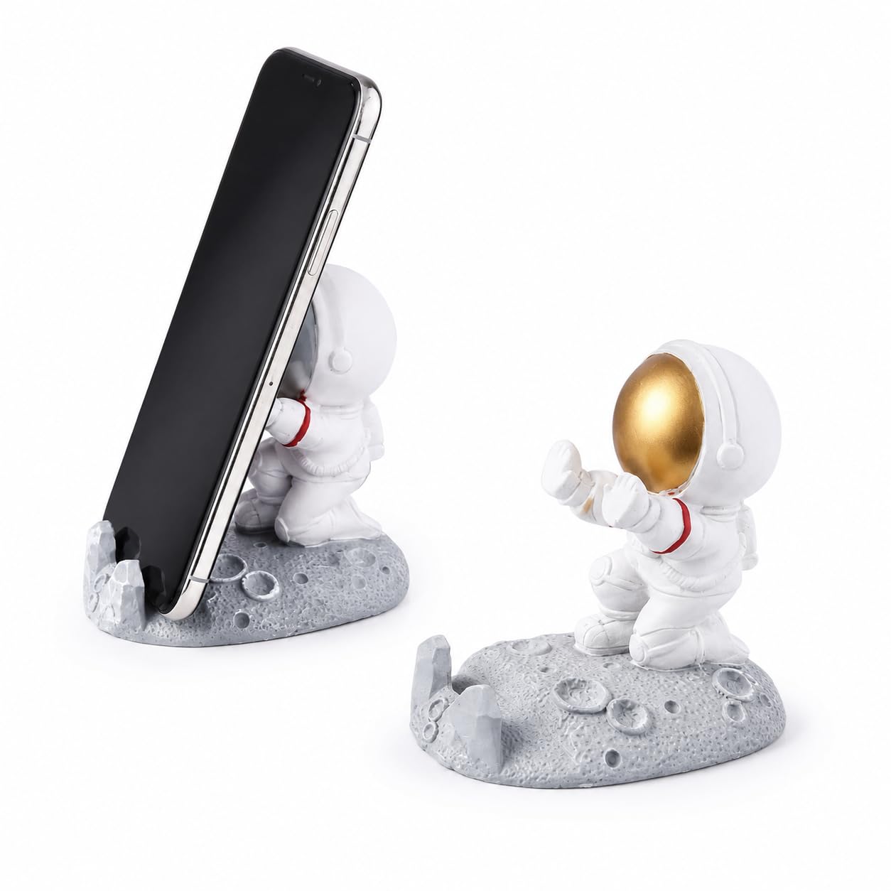 WrappedRibbon Astronaut Mobile Holder Push Silver | Space Theme Phone Stand for Desk & Table | Cute 3D Spaceman Smartphone Bracket | Decor Gift for Home Office (Push-Gold) (Push Edition (Gold)) - Image 2