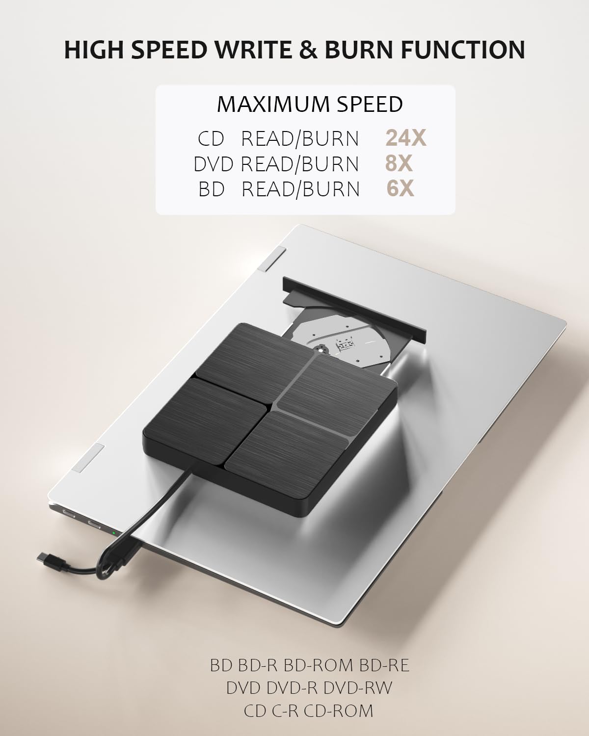 External Blu Ray Drive - External Blueray/DVD Drive for PC,USB3.0 & Type C Blu Ray Drive Read and Write BD/DVD/CD, Bluray Burner External Compatible with Windows XP/7/8/10/11, Linux, Mac OS - Image 2