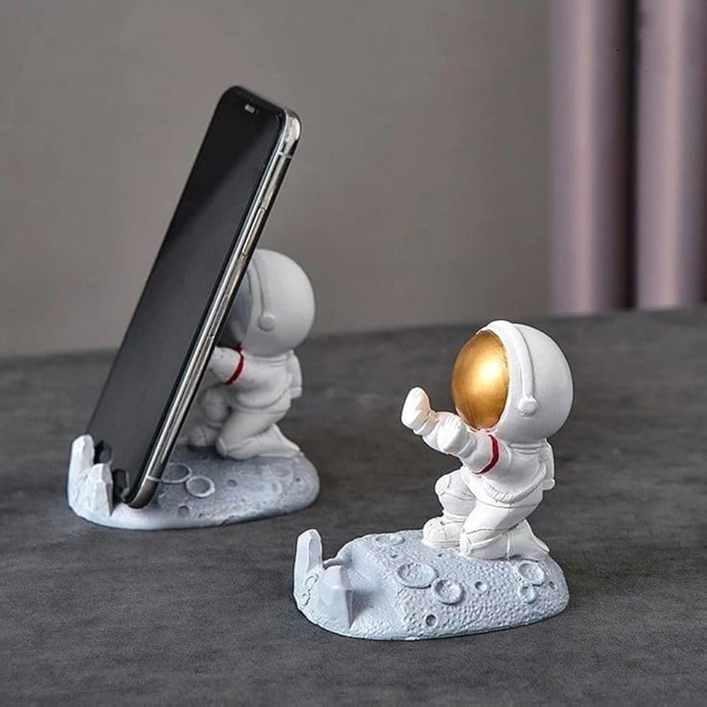 WrappedRibbon Astronaut Mobile Holder Push Silver | Space Theme Phone Stand for Desk & Table | Cute 3D Spaceman Smartphone Bracket | Decor Gift for Home Office (Push-Gold) (Push Edition (Gold)) - Image 3