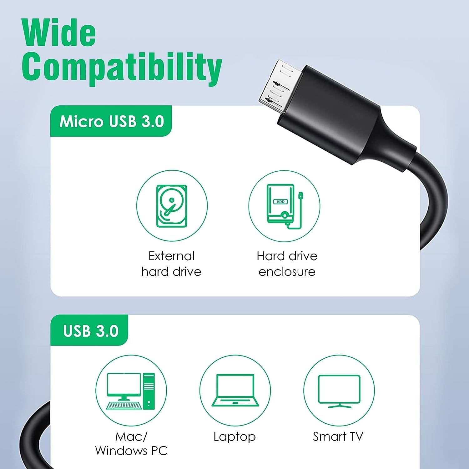 High Speed Data Sync USB 3.0 Type A Male to Micro B Cord for Wd/Seagate/Toshiba/Samsung/Hitachi, Etc External Hard Disk/Drives Cables (Black) (1.5Ft) - Image 4