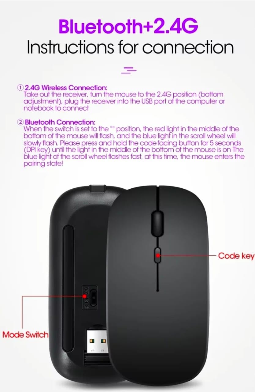 Wireless Mouse, Bluetooth and 2.4G Dual Mode, Rechargeable (Black) - Image 3