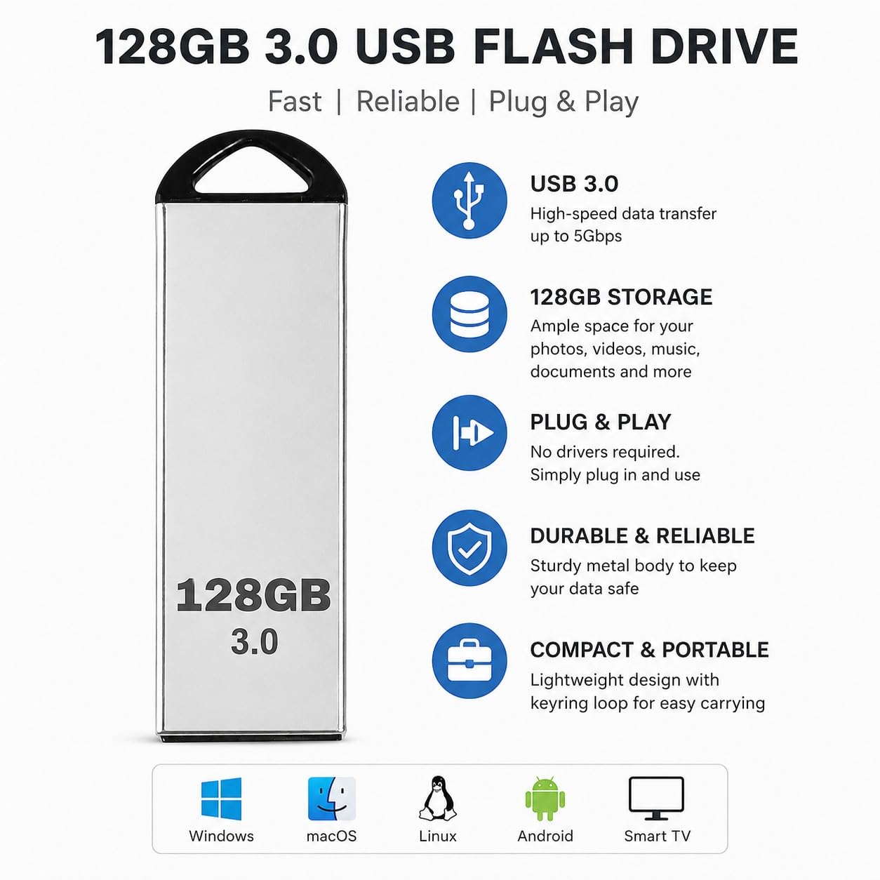 USB 2.0/3.0 Flash Drive with 128 GB Capacity | High Speed, Metal Pen Drive - Image 2