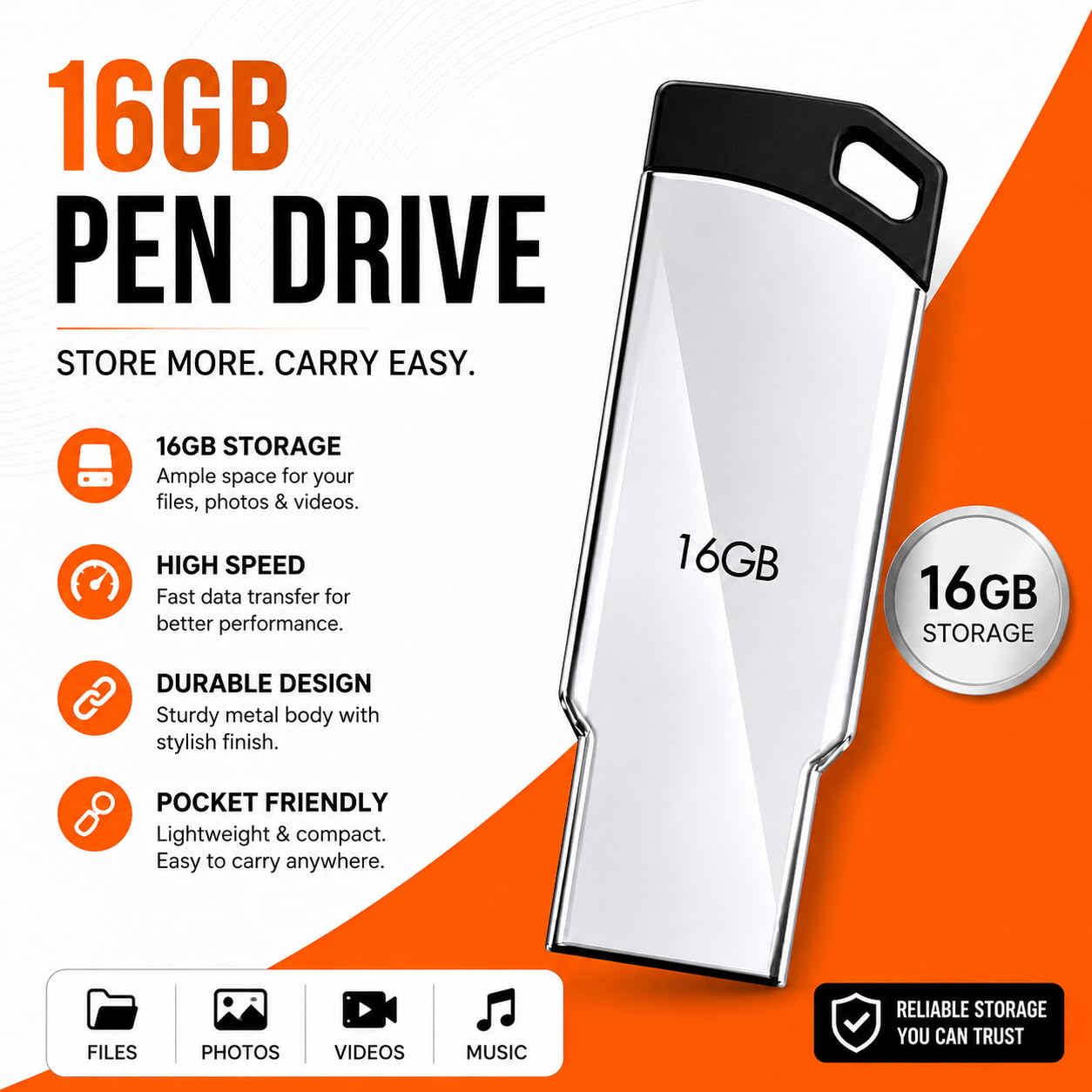 16GB USB Flash Drive | High-Speed USB 2.0 Pen Drive | Portable Metal USB Memory Stick | Plug & Play Data Storage Device for Laptop, PC, Mac, Documents, Photos, Music & Videos - Image 2