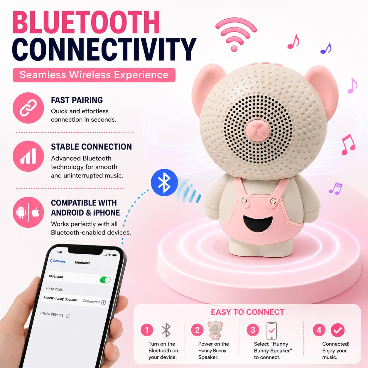AAYAT SMYKKER Hunny Bunny Wireless Bluetooth Portable Speaker | Cartoon Mini Speaker with 1200mAh Battery, TWS Function, TF Card Support, Type-C Charging, Up to 6 Hours Playtime, freestandin - Image 6