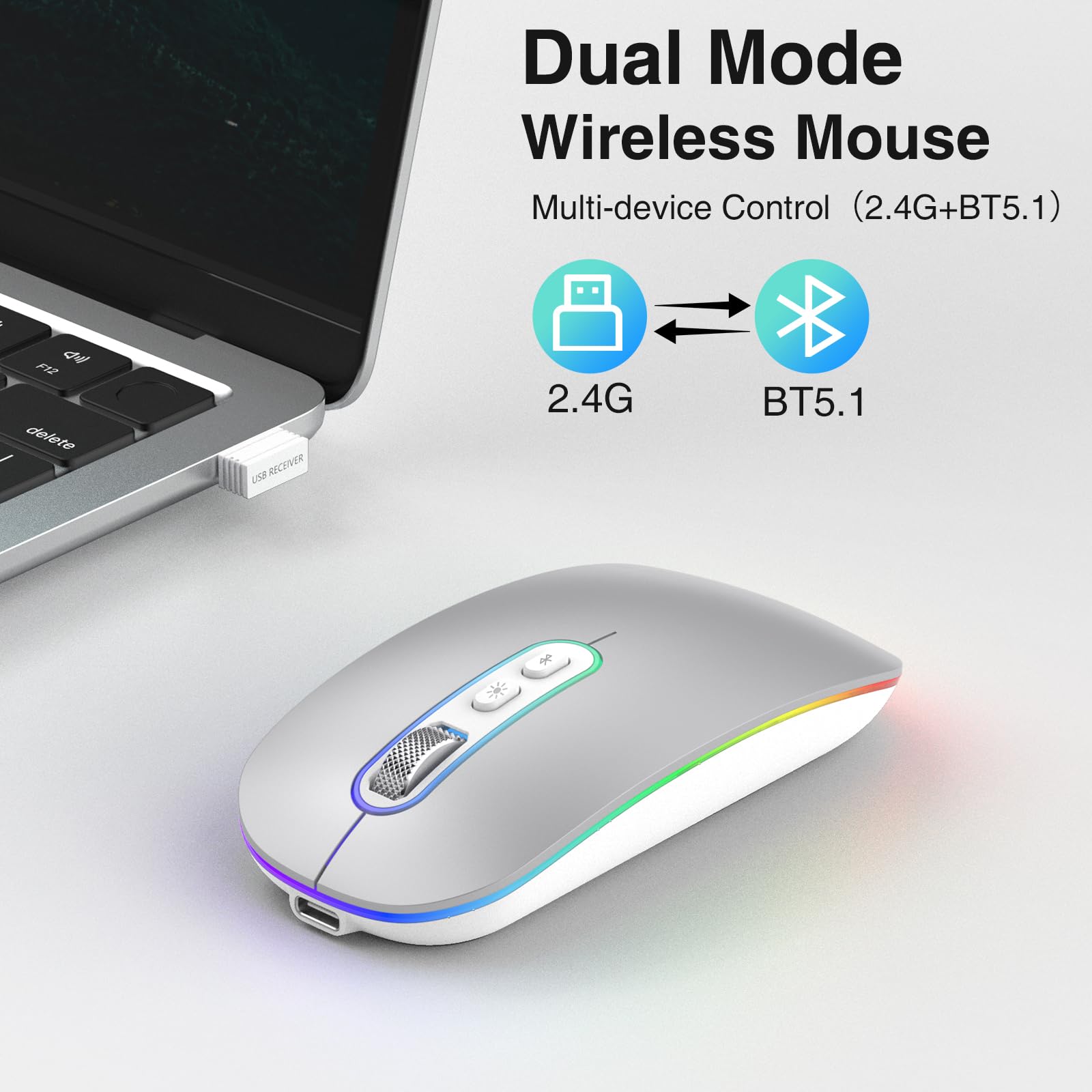 Dual Mode (BT 5.1+2.4G) Wireless Mouse with LED Lights, Silent Portable Lightweight Rechargeable Mouse for Laptop, Compatible with Mac OS/Windows/Chrome OS - Silver - Image 4