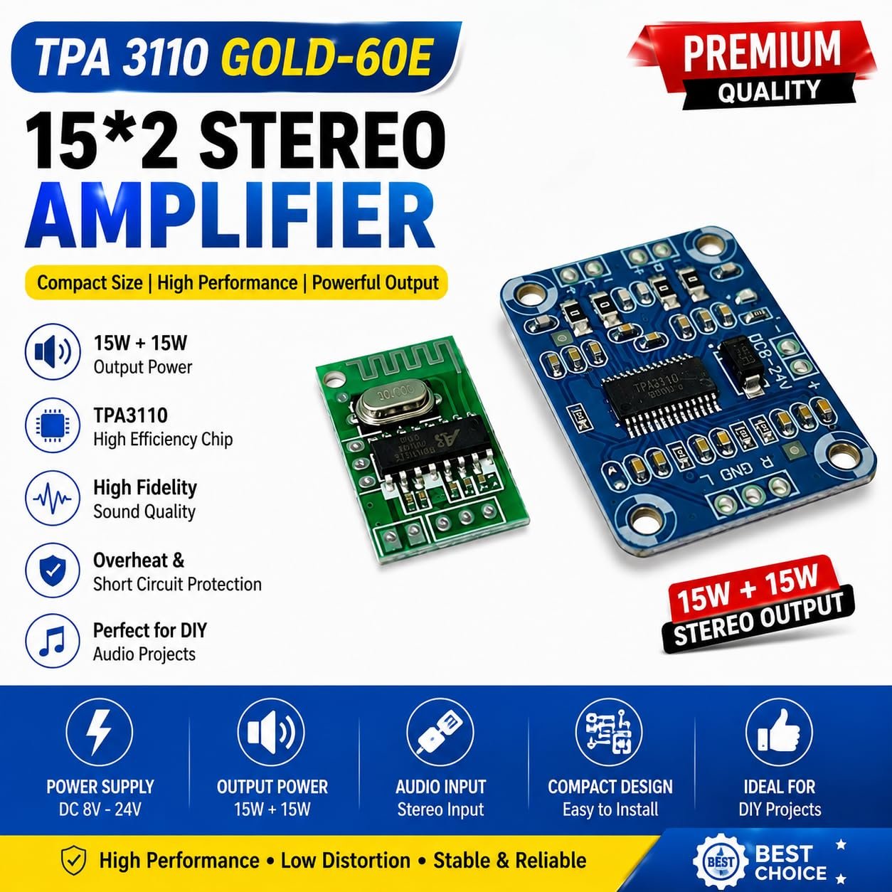 TPA3110 GOLD-60E Dual Channel Stereo Digital Audio Amplifier Board 15W + 15W Class D Digital Power Amplifier Module FREE BT CHIP - Image 5