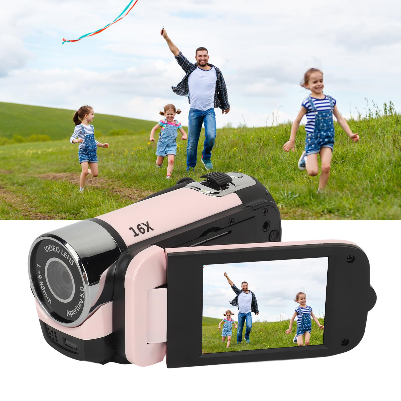 D90 Digital Video Camera Camcorder, Portable 1080P HD Handheld Recorder Camera, 16MP 16X Zoom with Fill Light 2.4 Inch Rotatable LCD Screen for Travel Vlogging Baby Growth (Pink) - Image 4