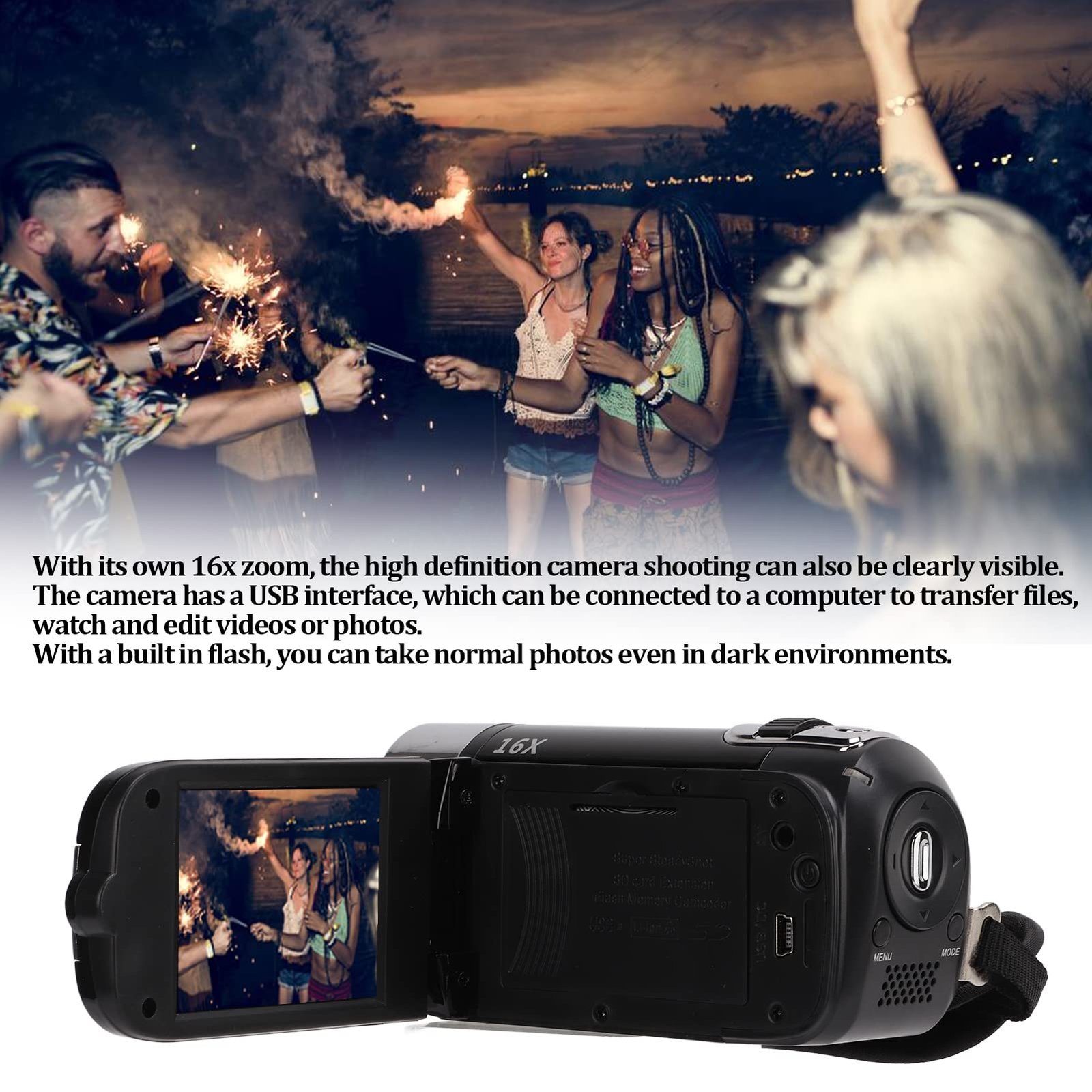 Video Camera Camcorder, 270° Rotatable LCD Screen 16X Zoom, 4K 1080P HD Recording, USB Interface, for Vlogging and YouTube Videos (Black) - Image 8