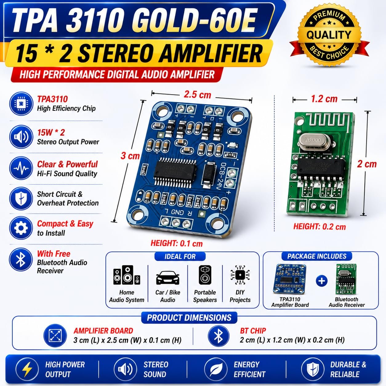TPA3110 GOLD-60E Dual Channel Stereo Digital Audio Amplifier Board 15W + 15W Class D Digital Power Amplifier Module FREE BT CHIP - Image 4