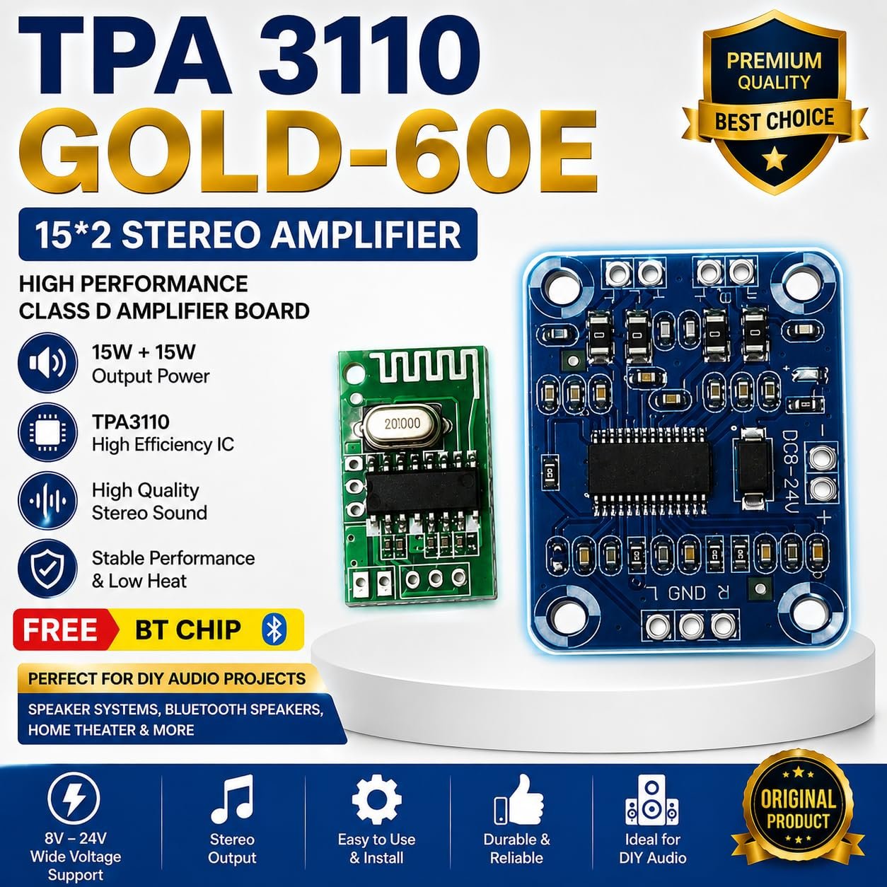 TPA3110 GOLD-60E Dual Channel Stereo Digital Audio Amplifier Board 15W + 15W Class D Digital Power Amplifier Module FREE BT CHIP - Image 6