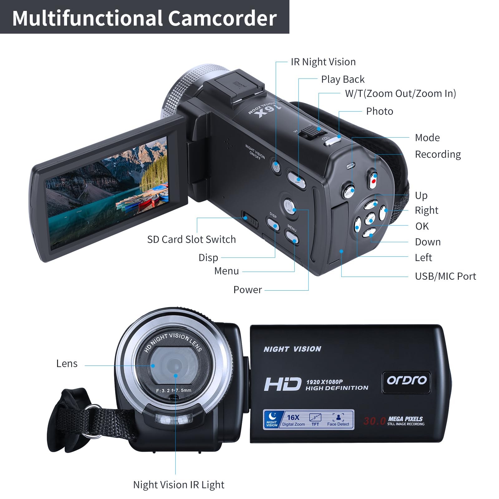 Camcorders HDV-V12 HD 1080P Video Camera Recorder Infrared Night Vision Camera Camcorders with 16G SD Card and 2 Batteries