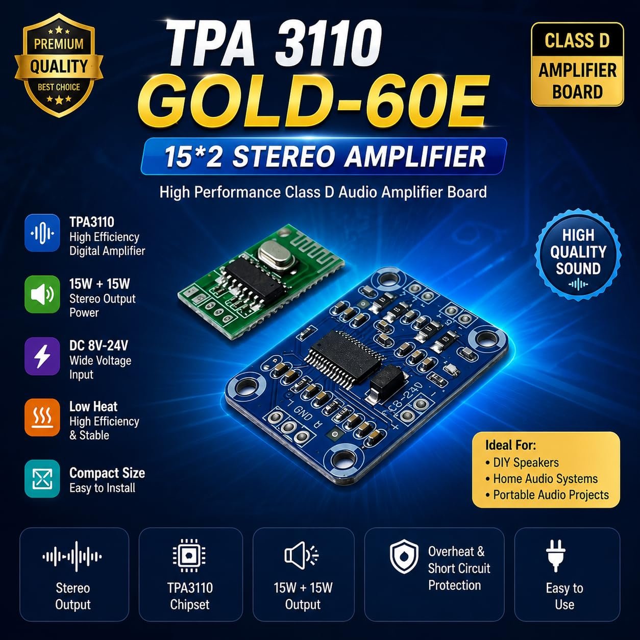 TPA3110 GOLD-60E Dual Channel Stereo Digital Audio Amplifier Board 15W + 15W Class D Digital Power Amplifier Module FREE BT CHIP - Image 3