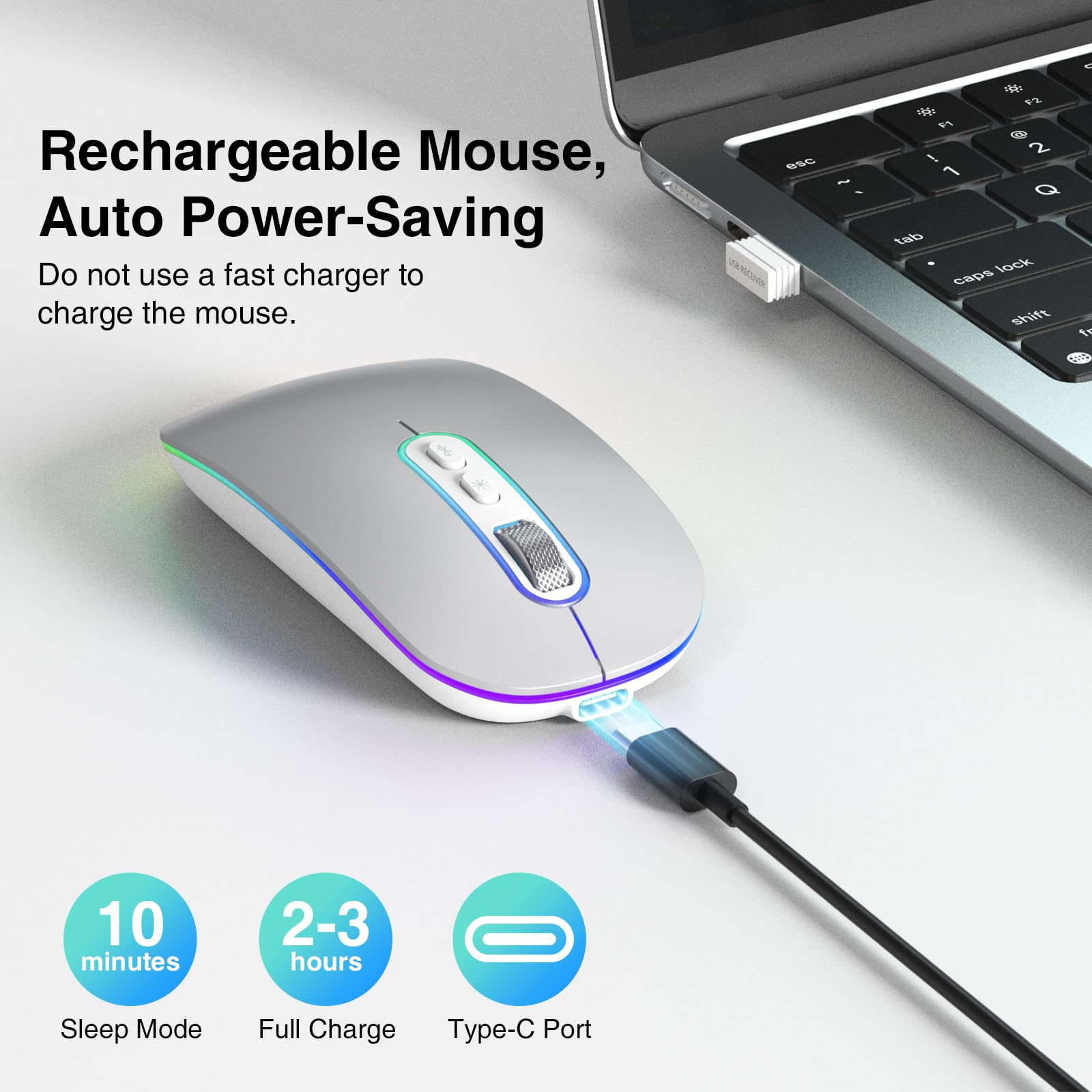Dual Mode (BT 5.1+2.4G) Wireless Mouse with LED Lights, Silent Portable Lightweight Rechargeable Mouse for Laptop, Compatible with Mac OS/Windows/Chrome OS - Silver - Image 3