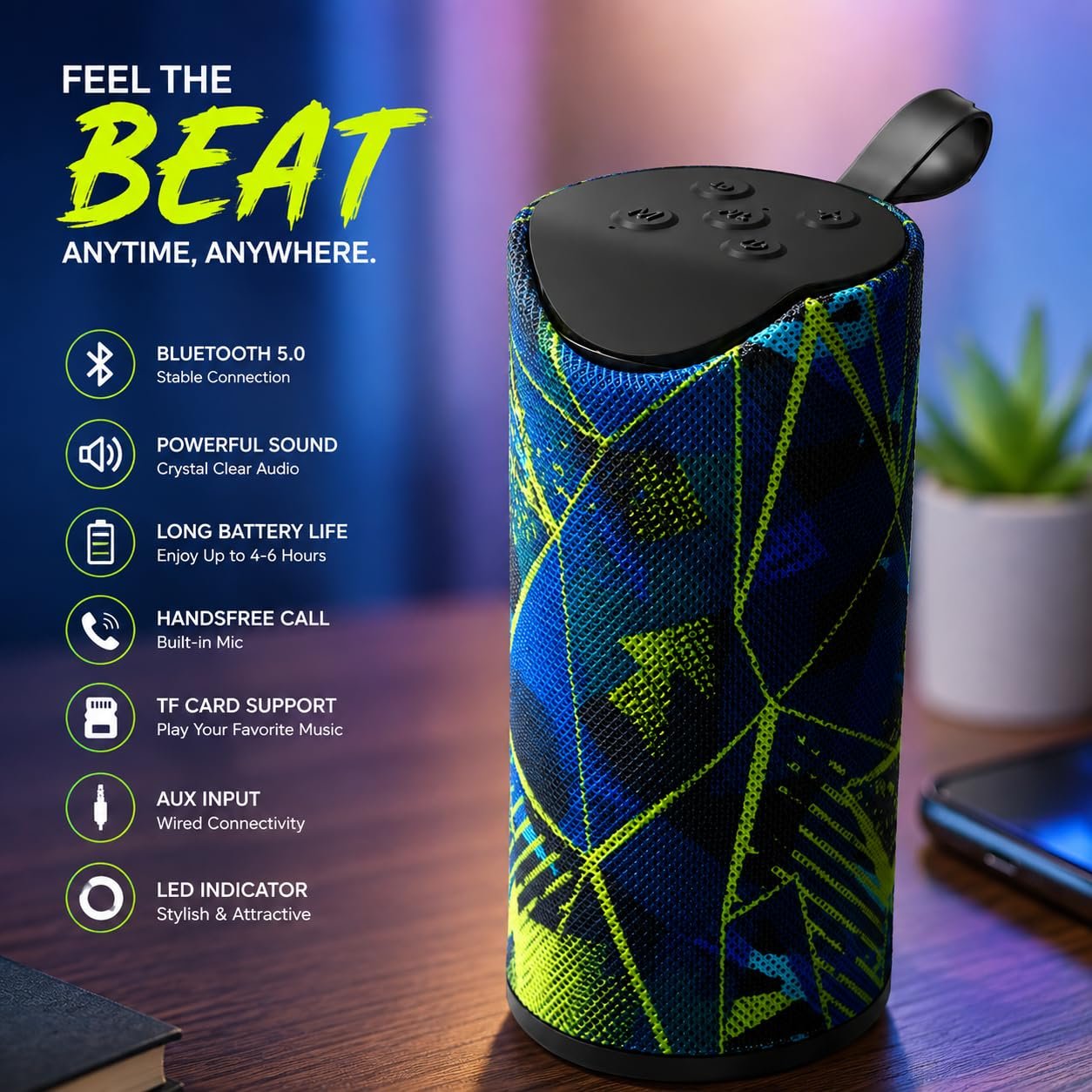 Wireless Bluetooth Speaker | Portable Mini Speaker with Powerful Sound, Hands-Free | TF Card | USB | AUX & FM Radio Support | LED Light - Image 3