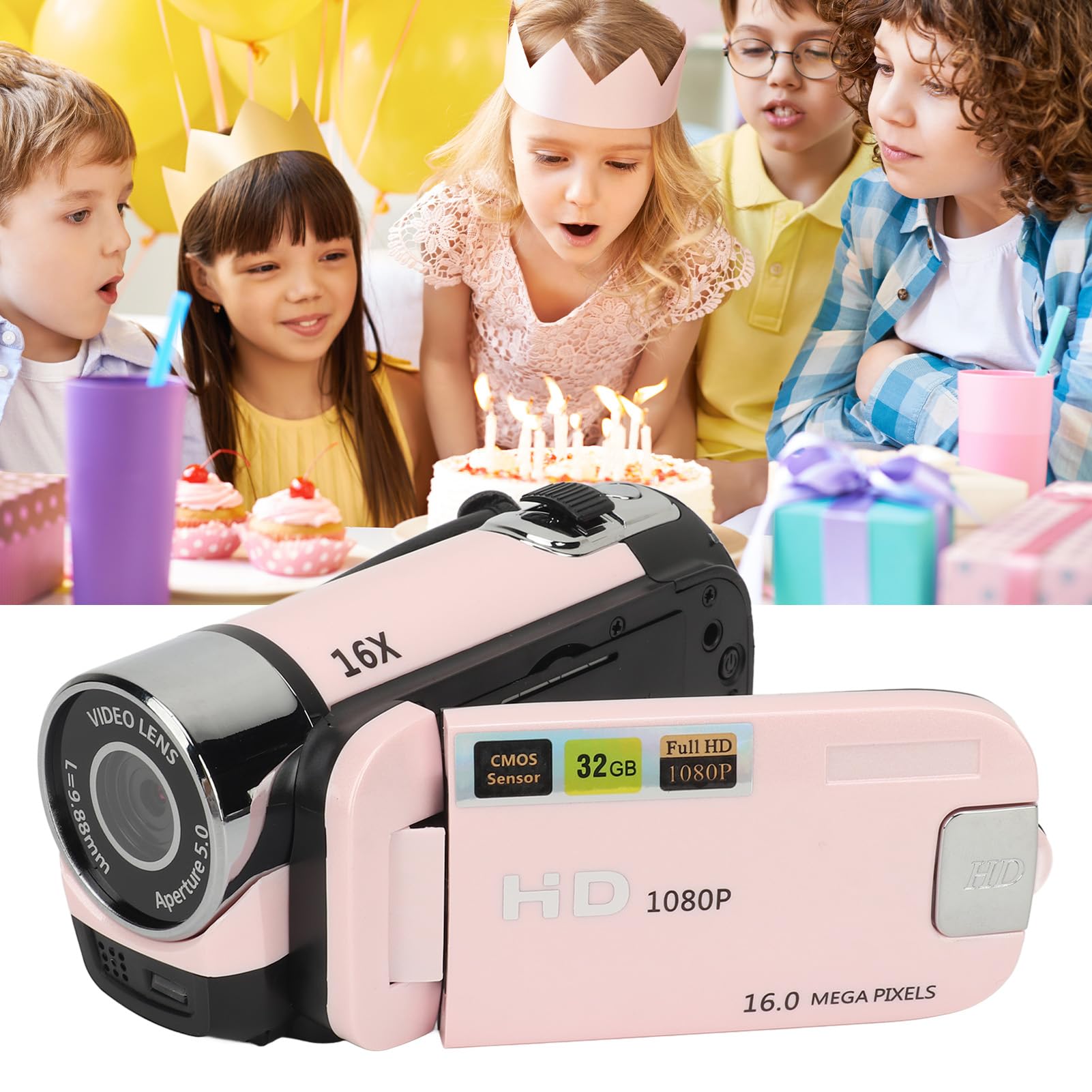 D90 Digital Video Camera Camcorder, Portable 1080P HD Handheld Recorder Camera, 16MP 16X Zoom with Fill Light 2.4 Inch Rotatable LCD Screen for Travel Vlogging Baby Growth (Pink) - Image 3