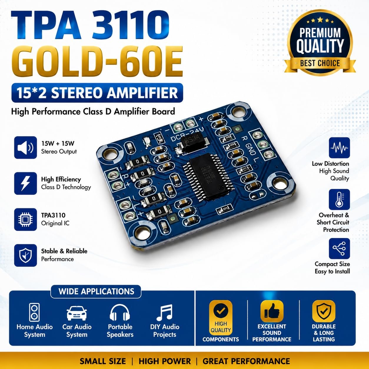 TPA3110 GOLD-60E Dual Channel Stereo Digital Audio Amplifier Board 15W + 15W Class D Digital Power Amplifier Module FREE BT CHIP - Image 2