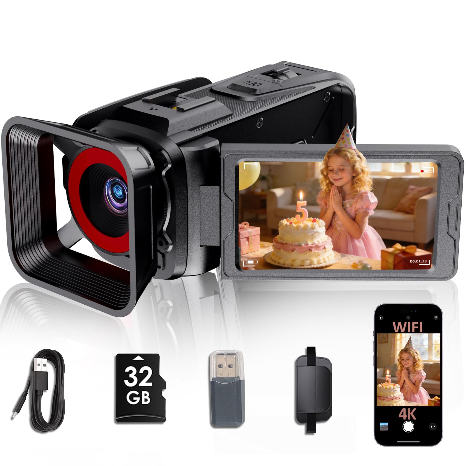 4k Camcorder Video Camera,UHD 64MP Vlogging Camera for YouTube with 3" 270° Flip Screen, 18X Zoom/WiFi/Webcam/32GB Card/Built-in 2500mAh Battery/Microphone(Black) - Image 2