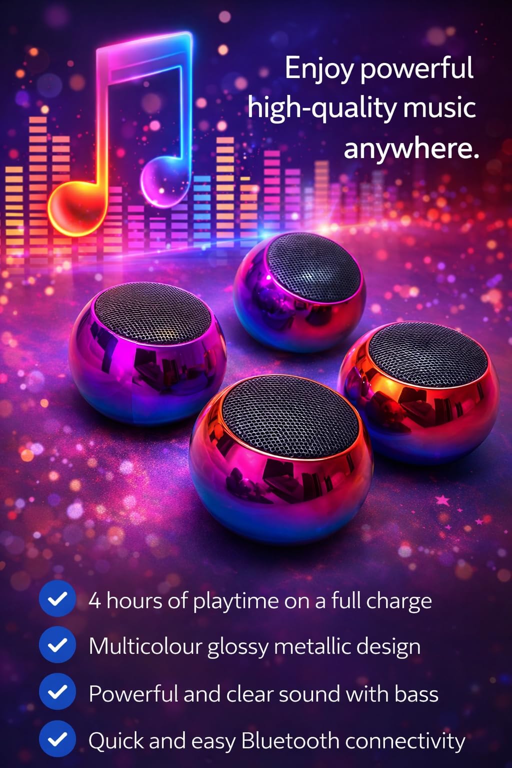 Mini Bluetooth Speaker, Portable Wireless, High Bass Sound, 4 Hours Playtime, Multicolour Metallic Design, Pack of 1 - Image 5