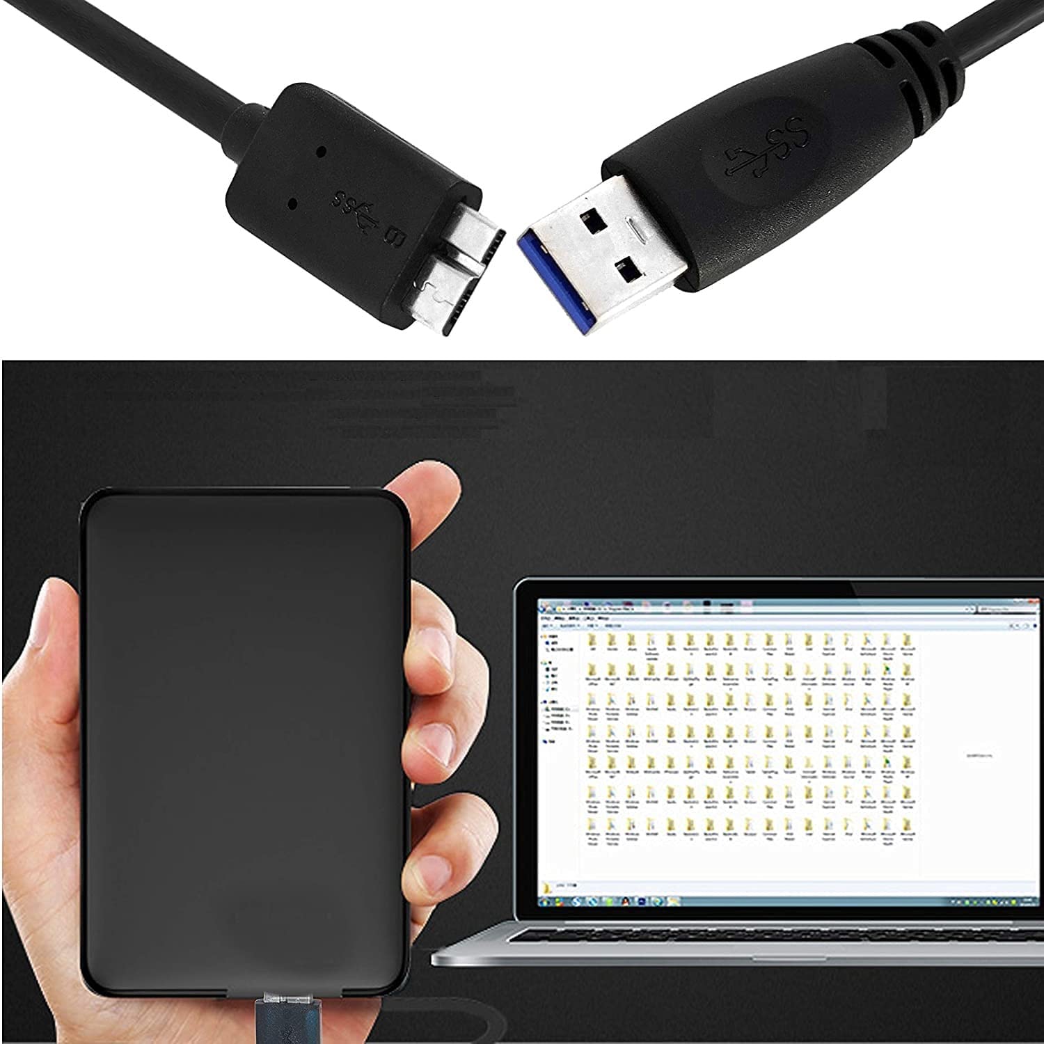 USB 3.0 Type A Male to Micro B Cord for WD/Seagate/Toshiba/Samsung/Hitachi, etc External Hard Disk/Drives Cables (Black) (1.5ft) - Image 4