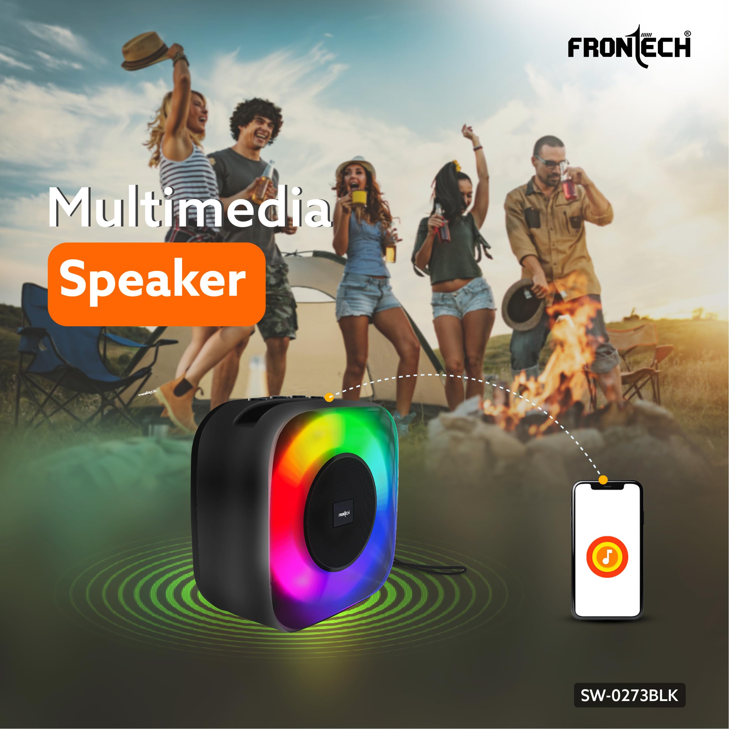 15W Portable Wireless Multimedia Speaker with Bluetooth 5.3, FM, USB, TF Card, Mobile Holder, RGB LED Lights, 6 Hrs Playback, 1000mAh Battery, 1 Year Warranty (SW-0273BLK) - Image 2
