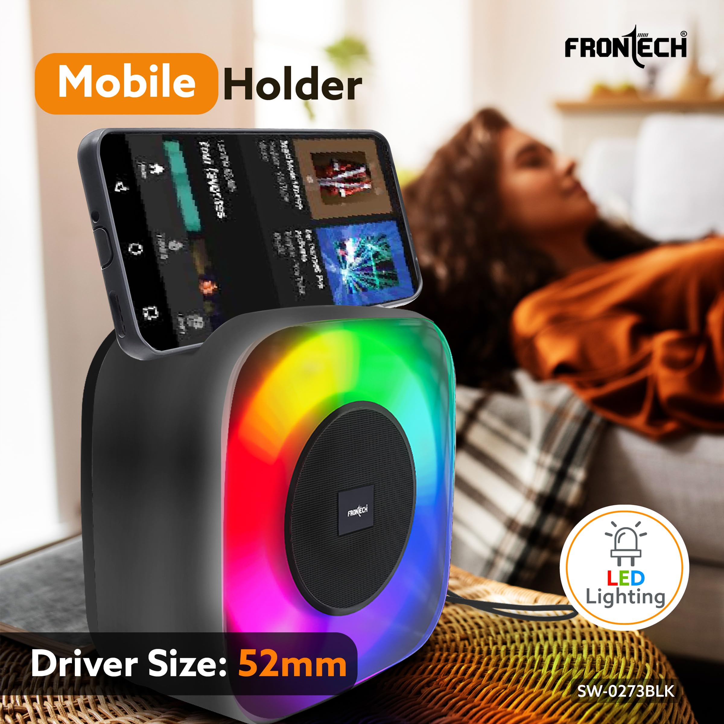 15W Portable Wireless Multimedia Speaker with Bluetooth 5.3, FM, USB, TF Card, Mobile Holder, RGB LED Lights, 6 Hrs Playback, 1000mAh Battery, 1 Year Warranty (SW-0273BLK) - Image 3