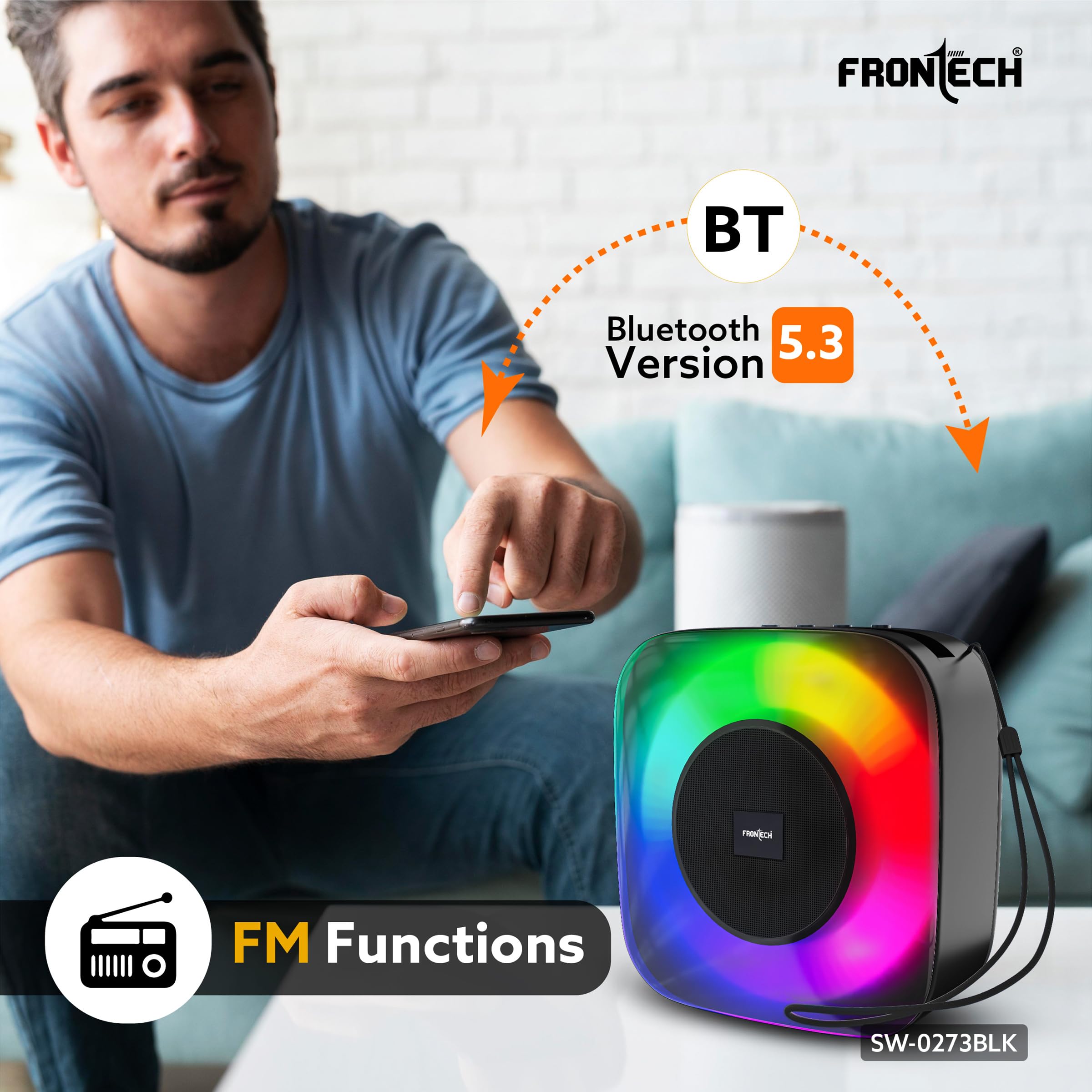 15W Portable Wireless Multimedia Speaker with Bluetooth 5.3, FM, USB, TF Card, Mobile Holder, RGB LED Lights, 6 Hrs Playback, 1000mAh Battery, 1 Year Warranty (SW-0273BLK) - Image 4