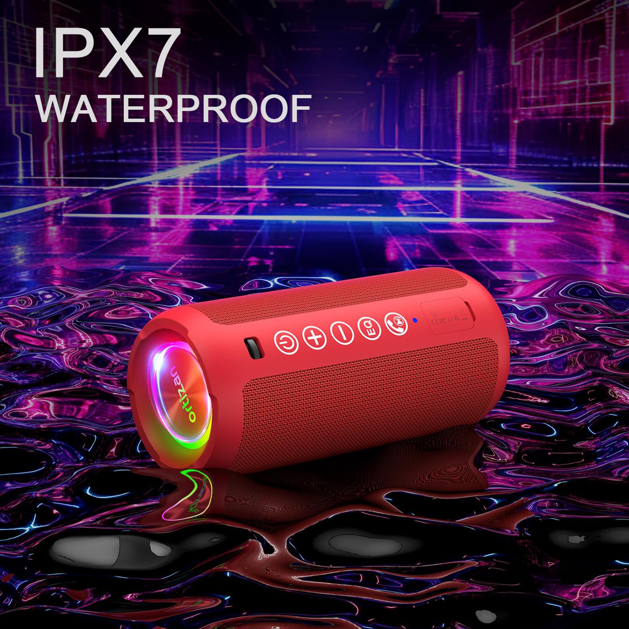 Portable Bluetooth Speaker: IPX7 Waterproof, 24W Loud Sound, Deep Bass, Bluetooth 5.3, LED Lights, Wireless Stereo Pairing, 30H Playtime, for Home/Outdoor/Party/Beach, Birthday Gift (Red) - Image 4