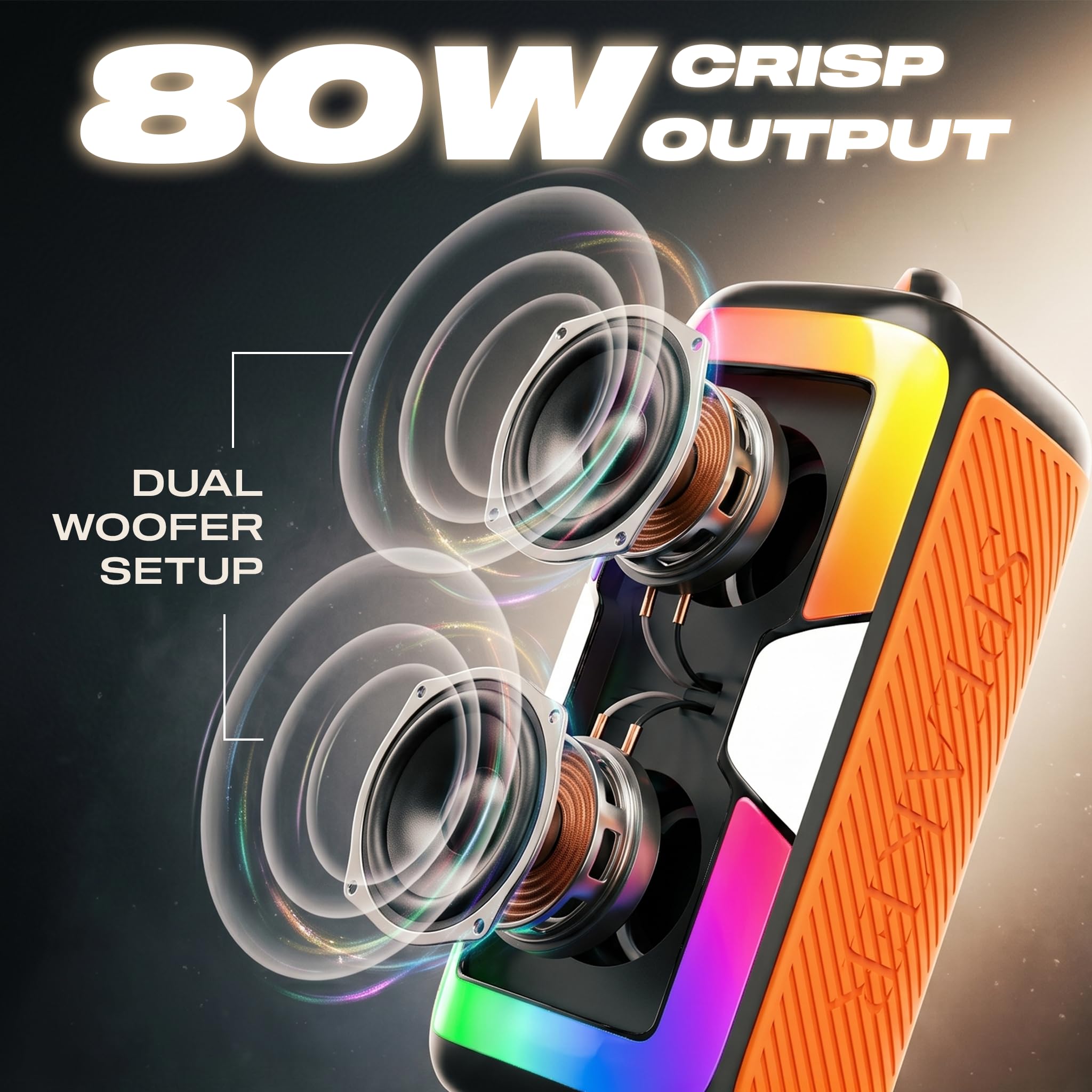 80W PartyBox Speaker with Wireless Mic | Dual 4" Deep Bass Drivers, AI Sound Boost, RGB Party Lights, BT 5.3, Water-Resistant, 10H Battery | Ideal for Parties, Karaoke & Gatherings (D-1342) - Image 7