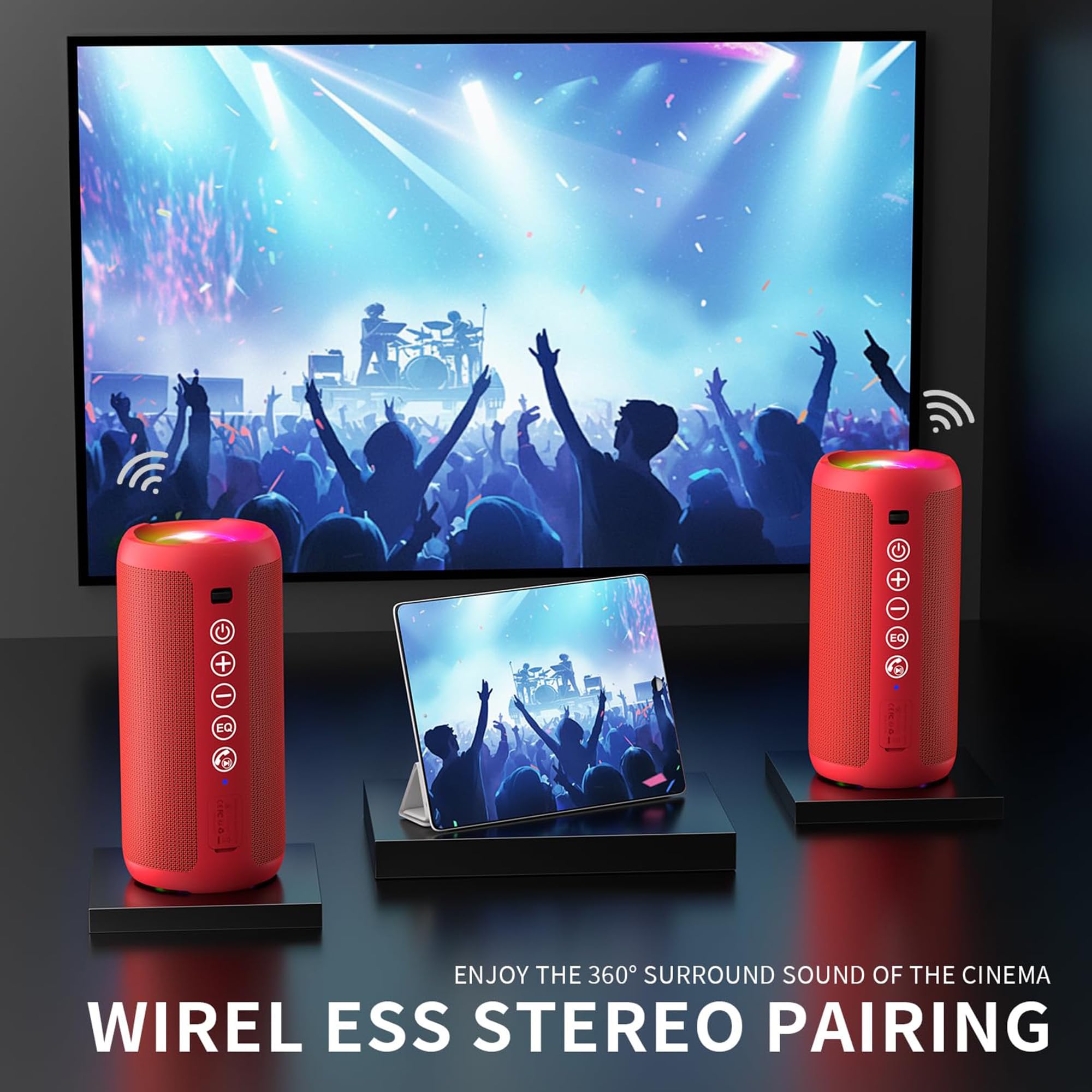 Portable Bluetooth Speaker: IPX7 Waterproof, 24W Loud Sound, Deep Bass, Bluetooth 5.3, LED Lights, Wireless Stereo Pairing, 30H Playtime, for Home/Outdoor/Party/Beach, Birthday Gift (Red) - Image 3