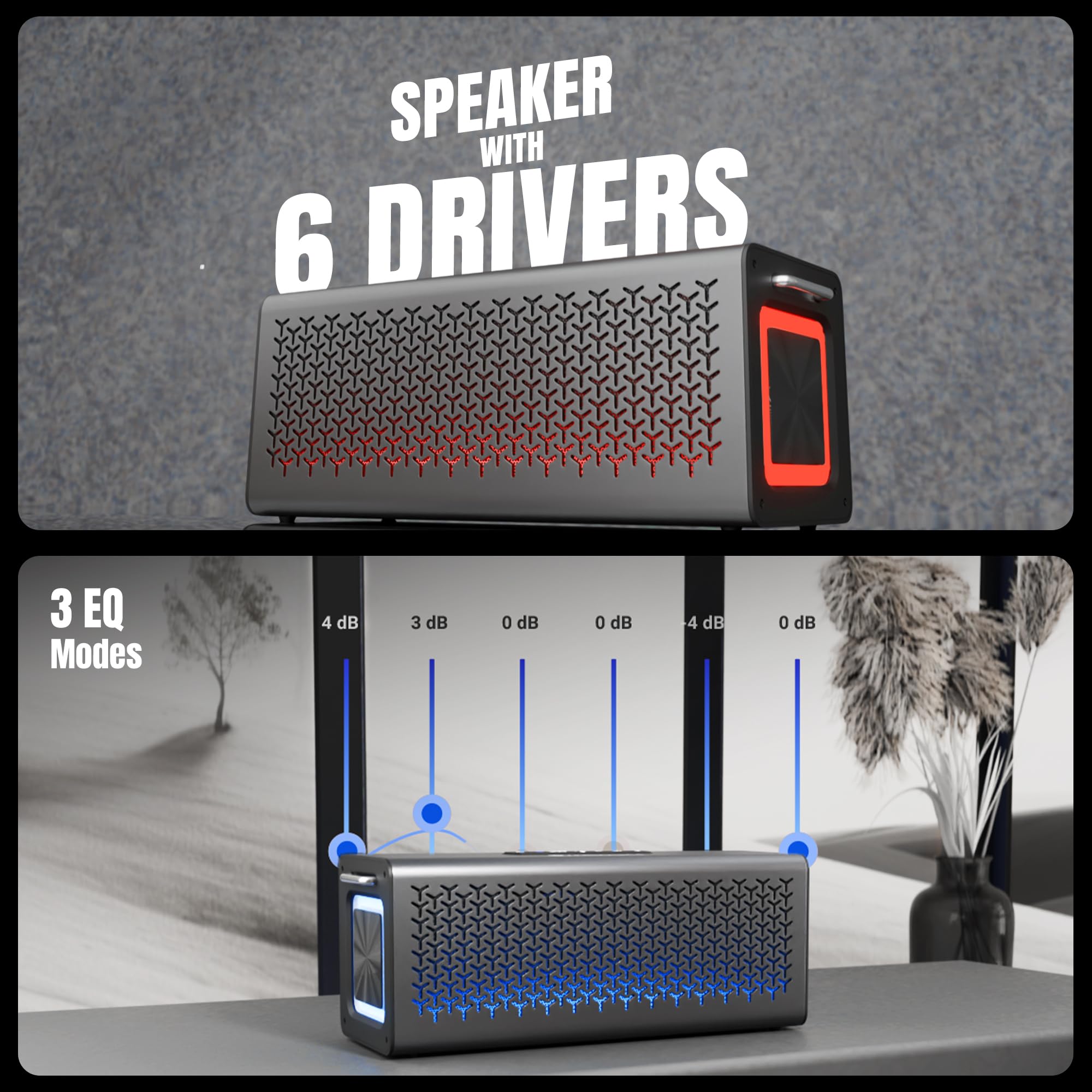 Studio R3, Portable Bluetooth Speaker, 140W RMS, 6 Drivers + Dual Passive Radiators, 3EQ Modes, Upto 13 Hrs Playback, 6000mAh Battery, BT v5.2| USB | AUX | mSD, TWS, Wired Mic, Metal Finish - Image 3