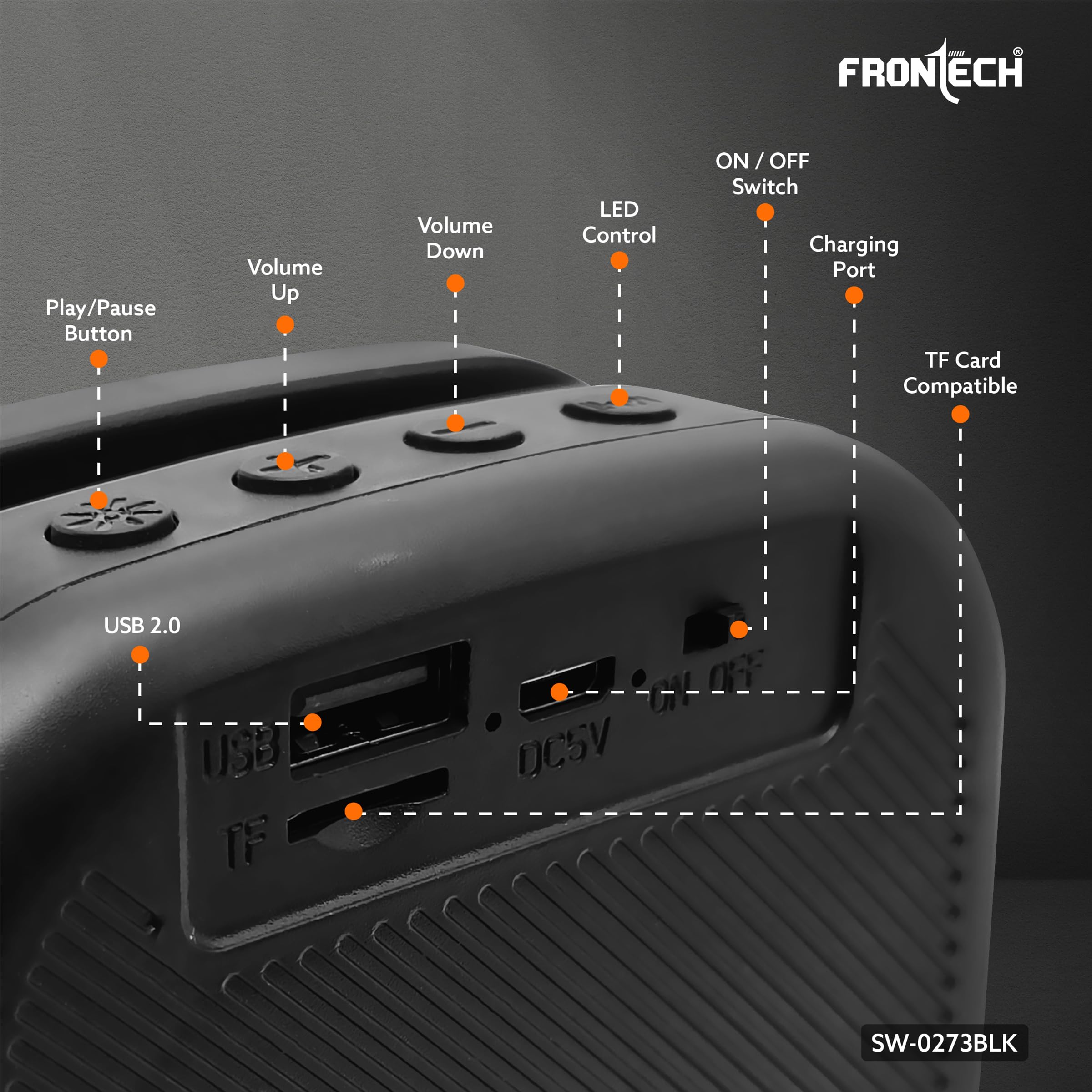 15W Portable Wireless Multimedia Speaker with Bluetooth 5.3, FM, USB, TF Card, Mobile Holder, RGB LED Lights, 6 Hrs Playback, 1000mAh Battery, 1 Year Warranty (SW-0273BLK) - Image 5