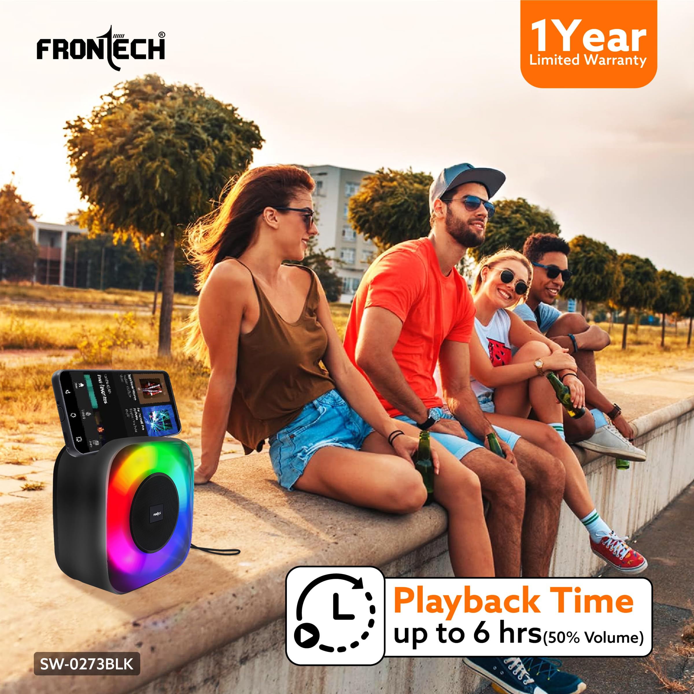 15W Portable Wireless Multimedia Speaker with Bluetooth 5.3, FM, USB, TF Card, Mobile Holder, RGB LED Lights, 6 Hrs Playback, 1000mAh Battery, 1 Year Warranty (SW-0273BLK) - Image 7