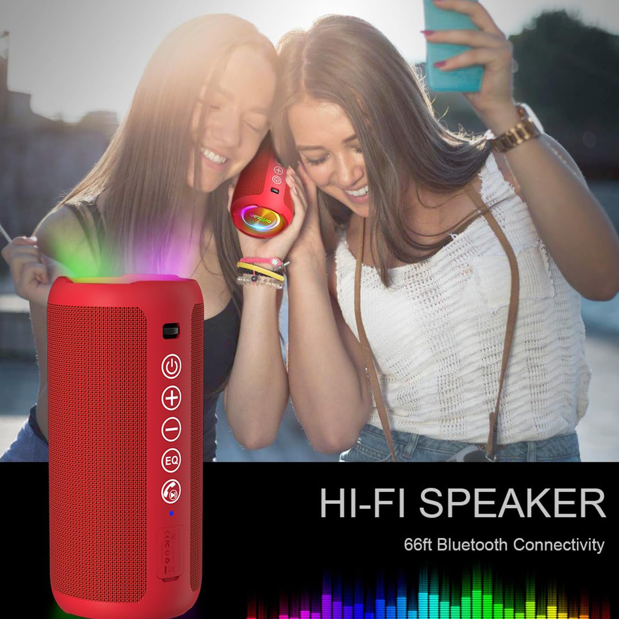 Portable Bluetooth Speaker: IPX7 Waterproof, 24W Loud Sound, Deep Bass, Bluetooth 5.3, LED Lights, Wireless Stereo Pairing, 30H Playtime, for Home/Outdoor/Party/Beach, Birthday Gift (Red) - Image 7