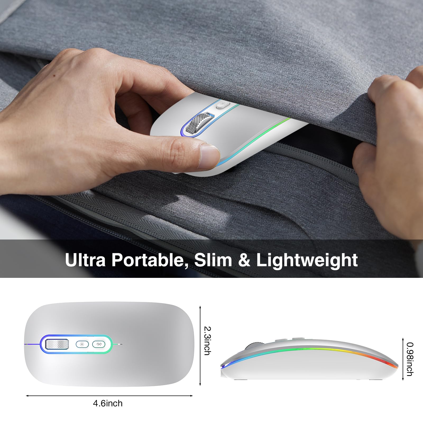 Dual Mode (BT 5.1+2.4G) Wireless Mouse with LED Lights, Silent Portable Lightweight Rechargeable Mouse for Laptop, Compatible with Mac OS/Windows/Chrome OS - Silver - Image 2