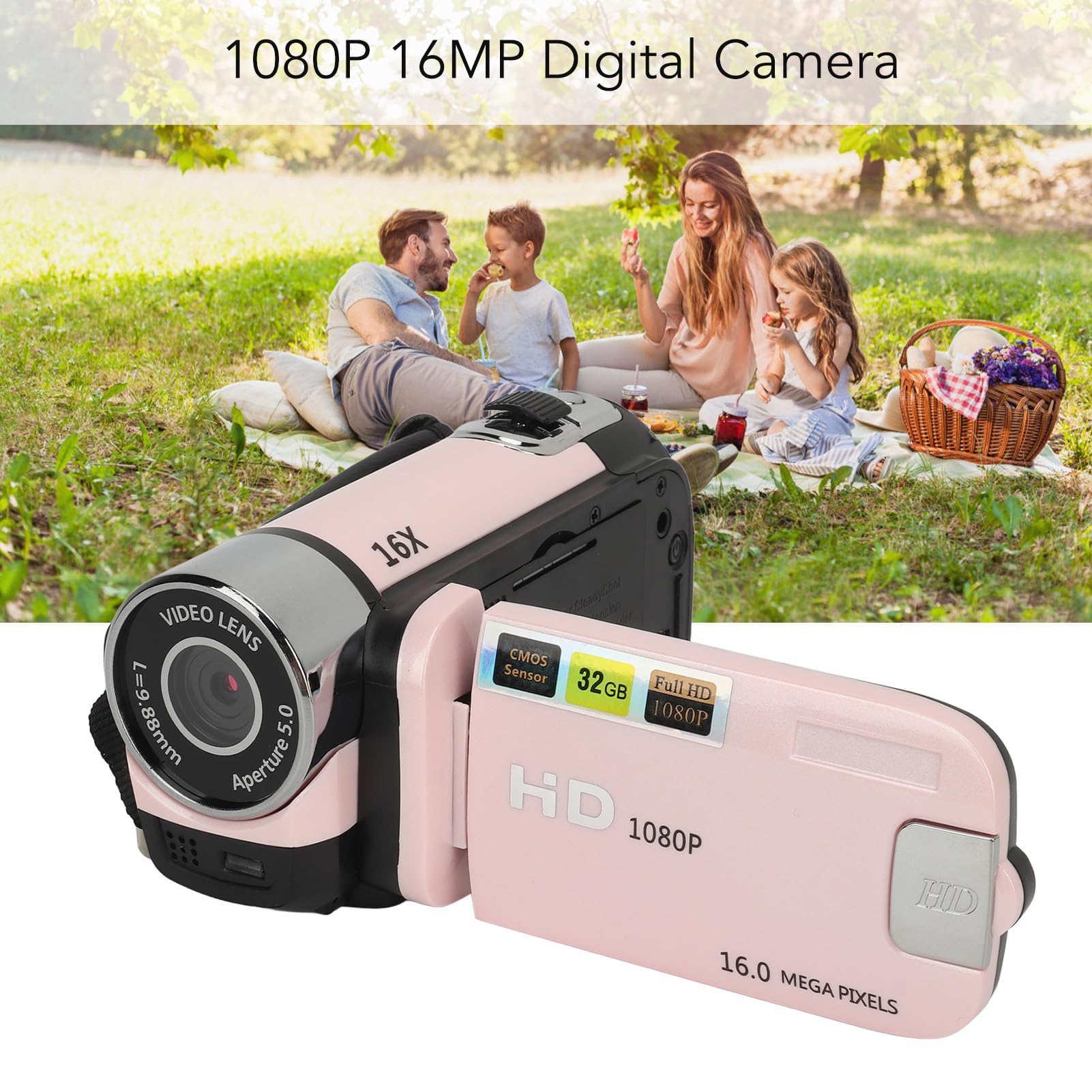 D90 Digital Video Camera Camcorder, Portable 1080P HD Handheld Recorder Camera, 16MP 16X Zoom with Fill Light 2.4 Inch Rotatable LCD Screen for Travel Vlogging Baby Growth (Pink) - Image 5