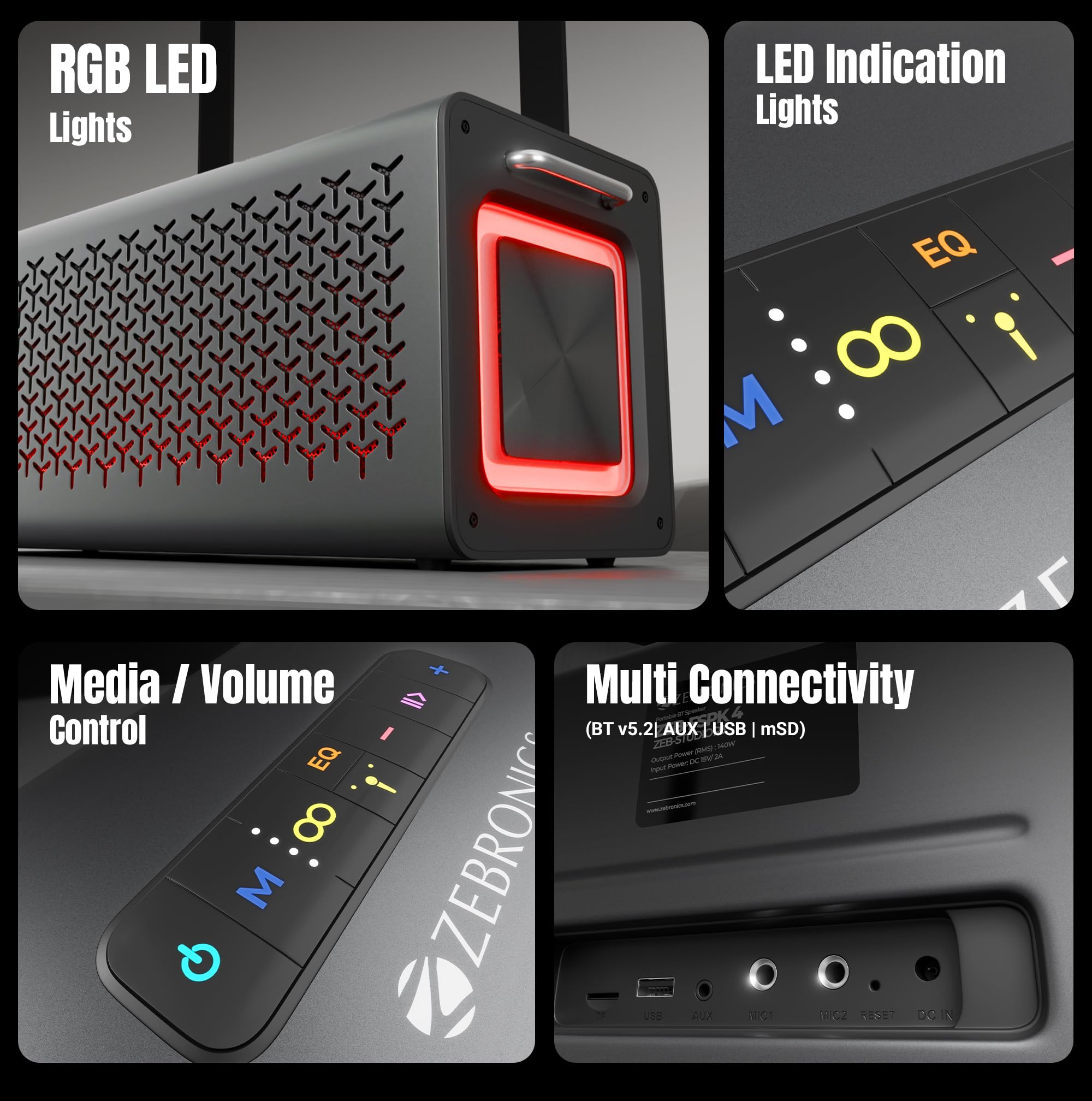 Studio R3, Portable Bluetooth Speaker, 140W RMS, 6 Drivers + Dual Passive Radiators, 3EQ Modes, Upto 13 Hrs Playback, 6000mAh Battery, BT v5.2| USB | AUX | mSD, TWS, Wired Mic, Metal Finish - Image 6
