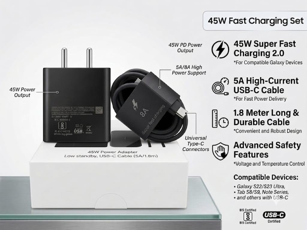 45W PD Super Fast Charger with 5A USB Type-C Cable | Fast Charging Adapter | 1.8M USB-C Cable for Samsung Galaxy S25/S24/S23/S22 Ultra, Note Series & Tab S9 - Image 5