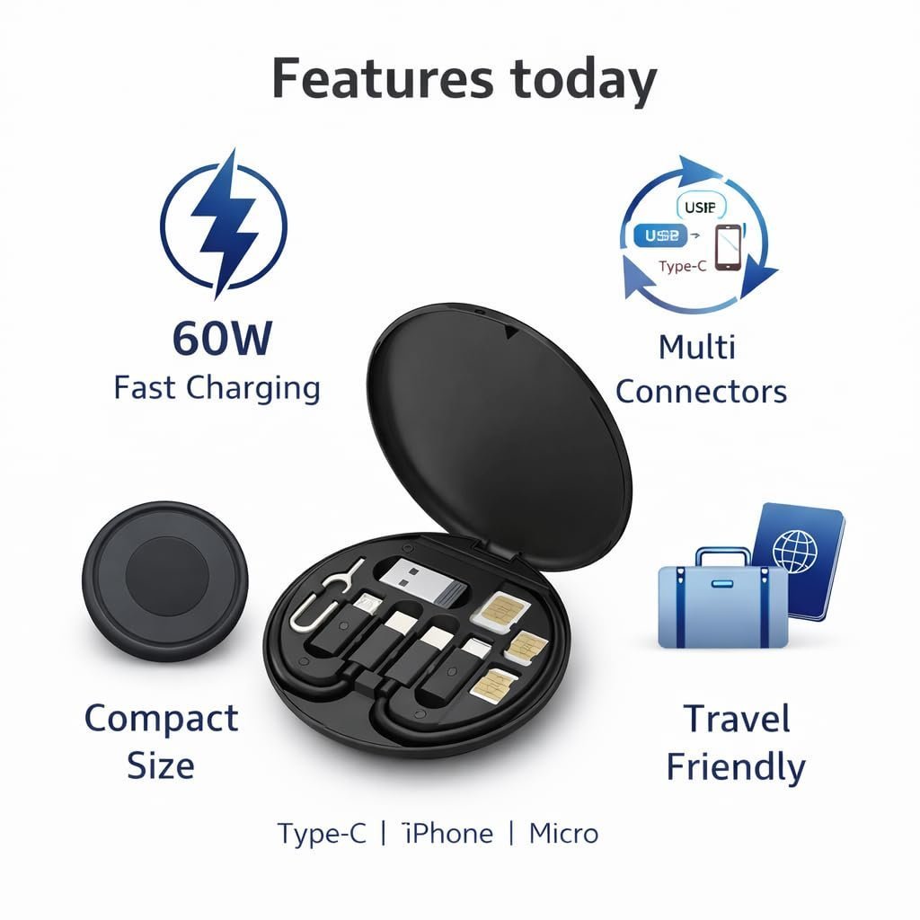 Compact Travel Adapter Kit, 5-in-1 Multi Charging Cable with USB-C to Lightning/Type-C/Micro/USB-A, SIM Eject Tool, SIM Card Slots, Black - Image 4