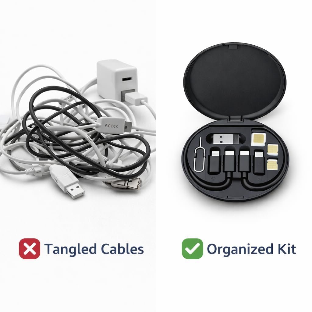 Compact Travel Adapter Kit, 5-in-1 Multi Charging Cable with USB-C to Lightning/Type-C/Micro/USB-A, SIM Eject Tool, SIM Card Slots, Black - Image 6