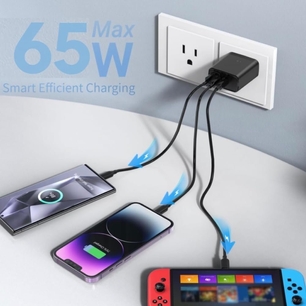 65W GaN 3-Port Type-C Fast Wall Adaptor Quick Charge 3A Compatible with CMF by Nothing 2/2A Plus, USB-C Phones, Android Devices, Portable Fast Charging Adaptor - White - Image 3