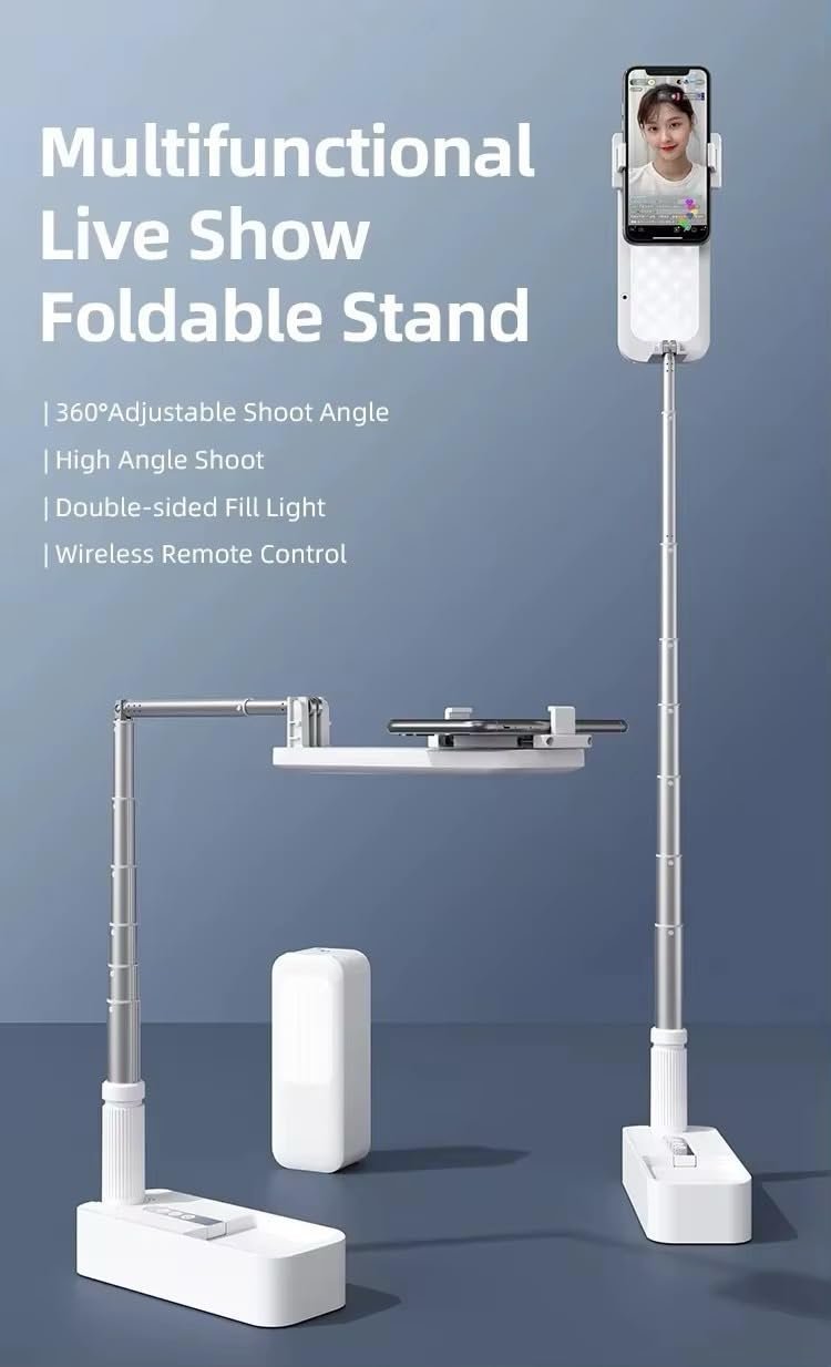 Adjustable Phone & Tablet Stand with LED Fill Light, 360° Rotating Holder, Height Adjustable Desk Mount for Live Streaming, Video Recording, Online Classes & Content Creation - Image 2