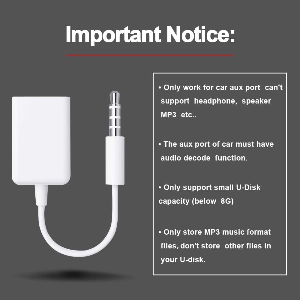 AUX to USB Adapter 3.5mm Male Audio Jack to USB 2.0 Female Converter Cable Only Work for Car AUX-in with MP3 Decoder Not for Headset Speakers Phone Computers Camera Microphone Monitor(White) - Image 3